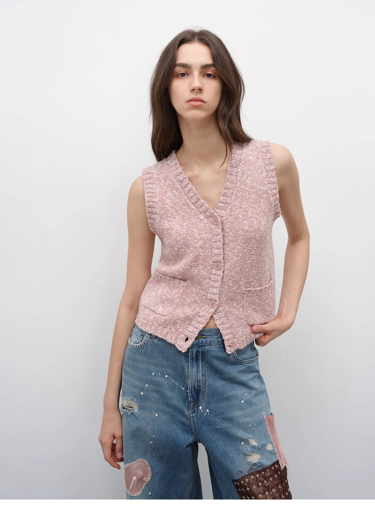 "Stacking Rehearsal" Fashionable vintage style layering artifact wool blend dotted V-neck knitted vest for autumn-4