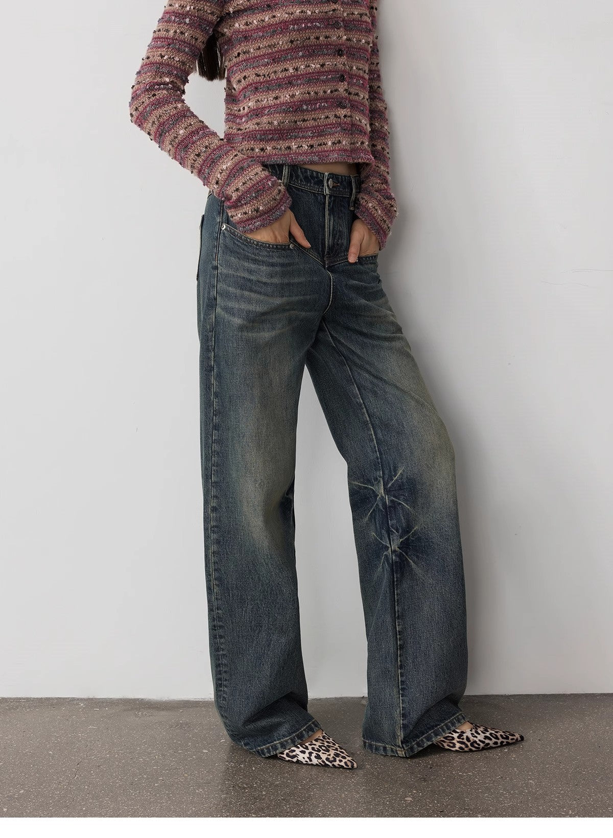 Vintage Heavy Wash Distressed Marble Pattern V-Shaped Segmented Slimming Textured Straight-Leg Denim Trousers-4