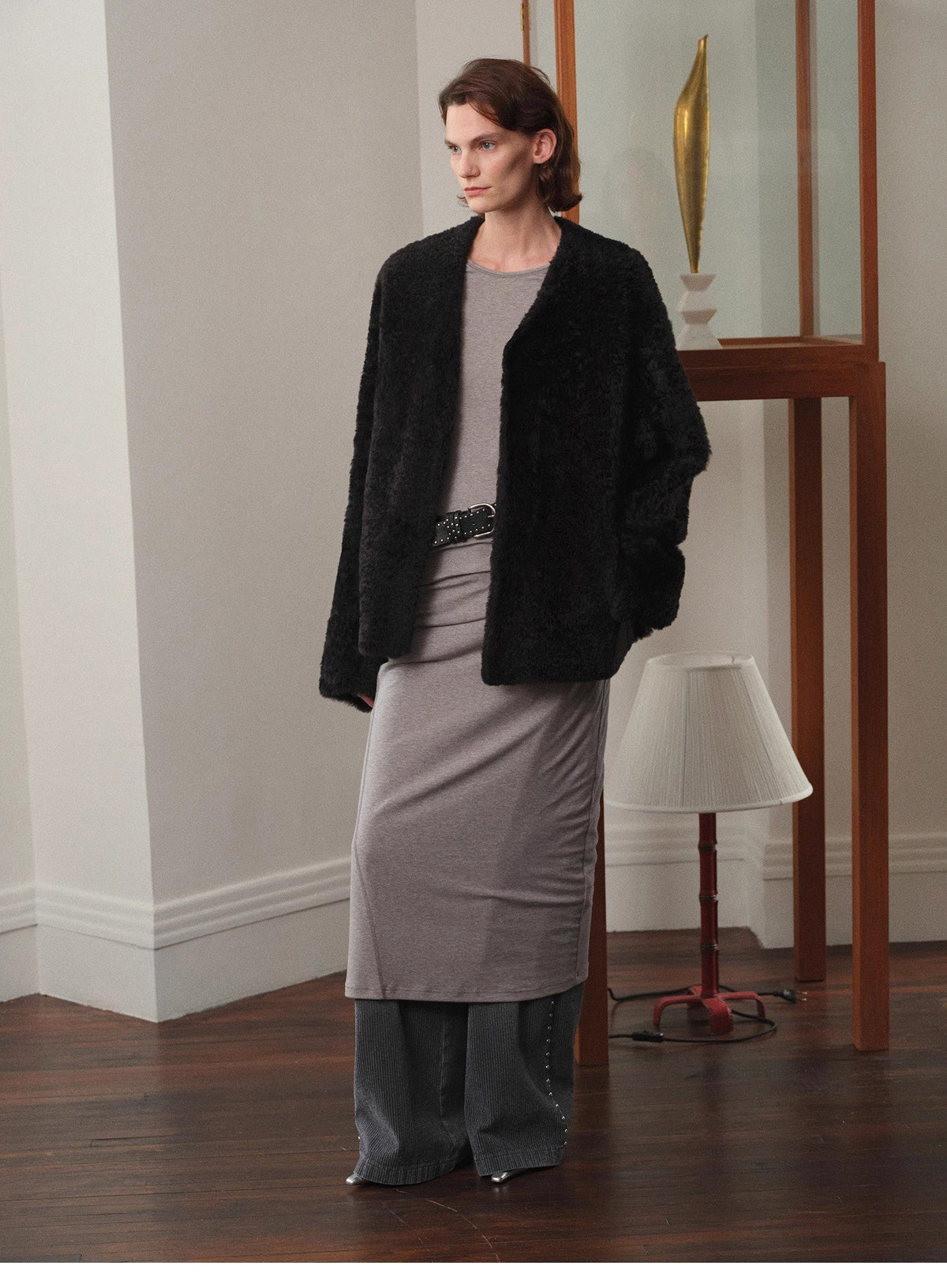 "Paris Night" luxury lightweight v-neck mid-length imported ragone sheepskin fur coat-0