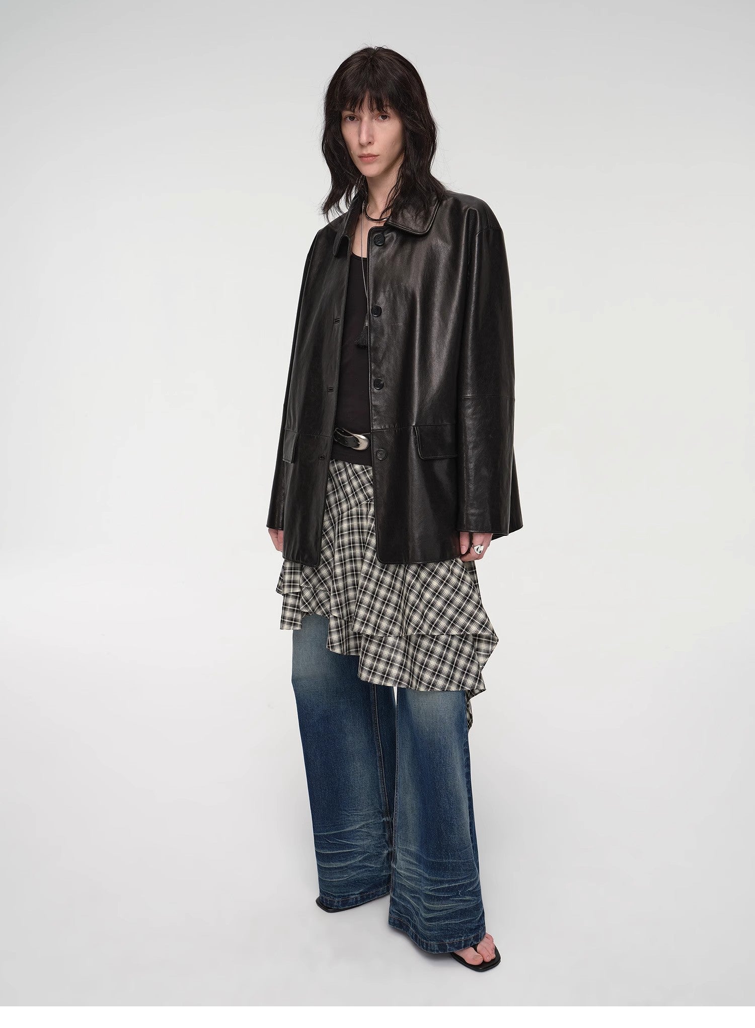 "Fashionable Kuoxi" goatskin simple and versatile retro suit-style leather windbreaker jacket-0