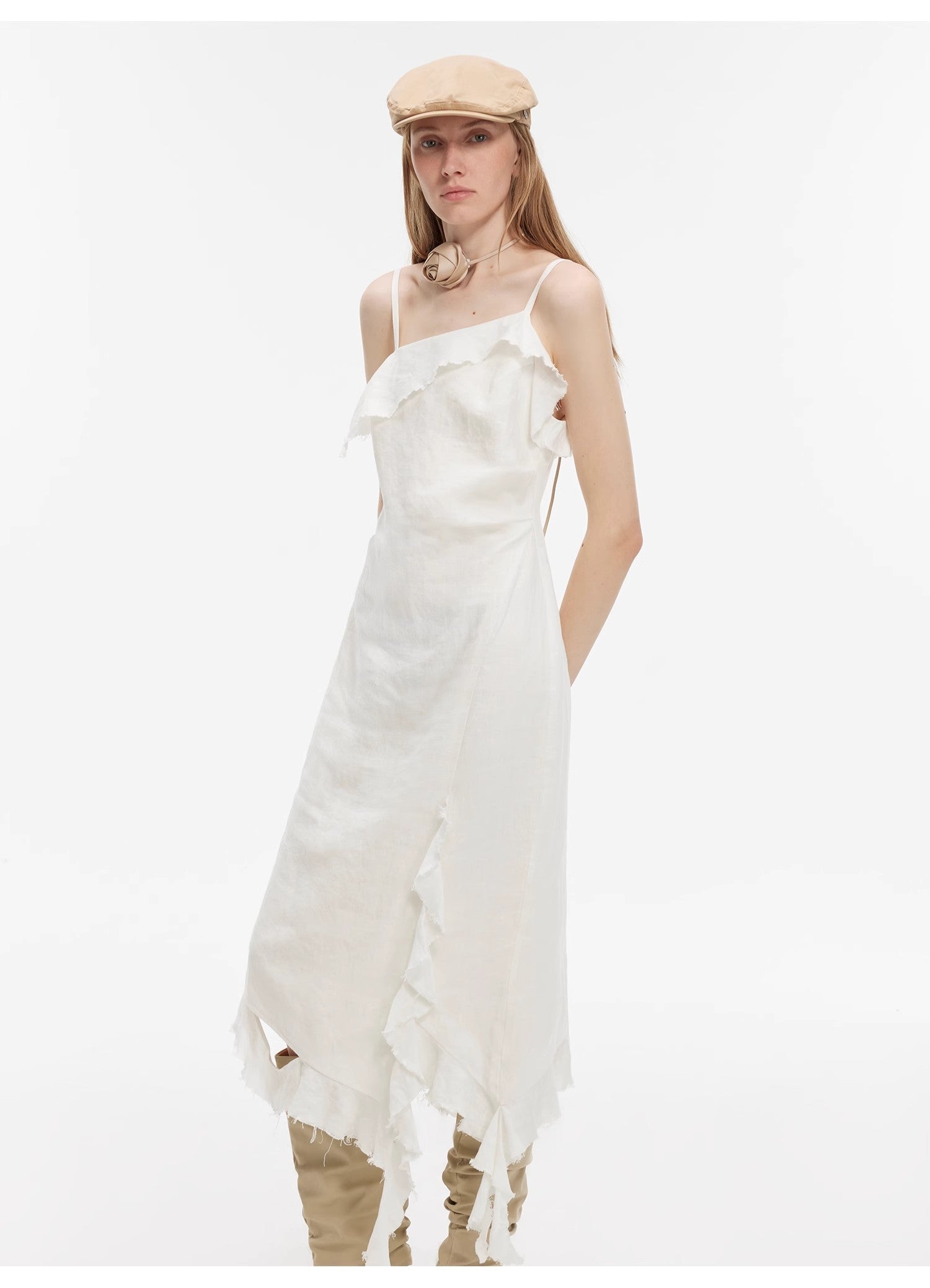 "Summer Whisper" Sand-washed Linen Sling Ruffled Irregular Fit Sling Dress-1