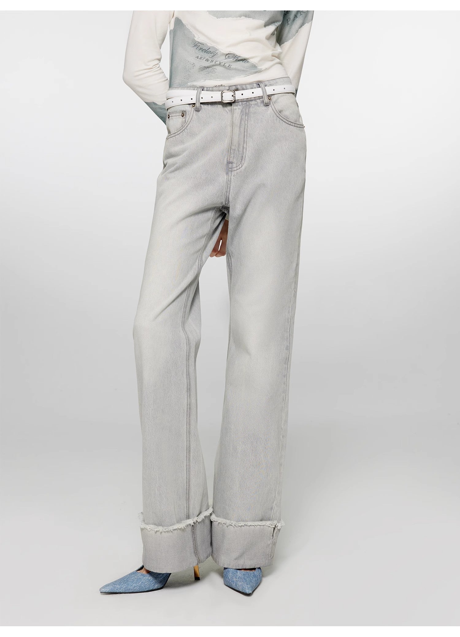 "Blues Time" Retro washed distressed straight flared cuffed jeans for women-4