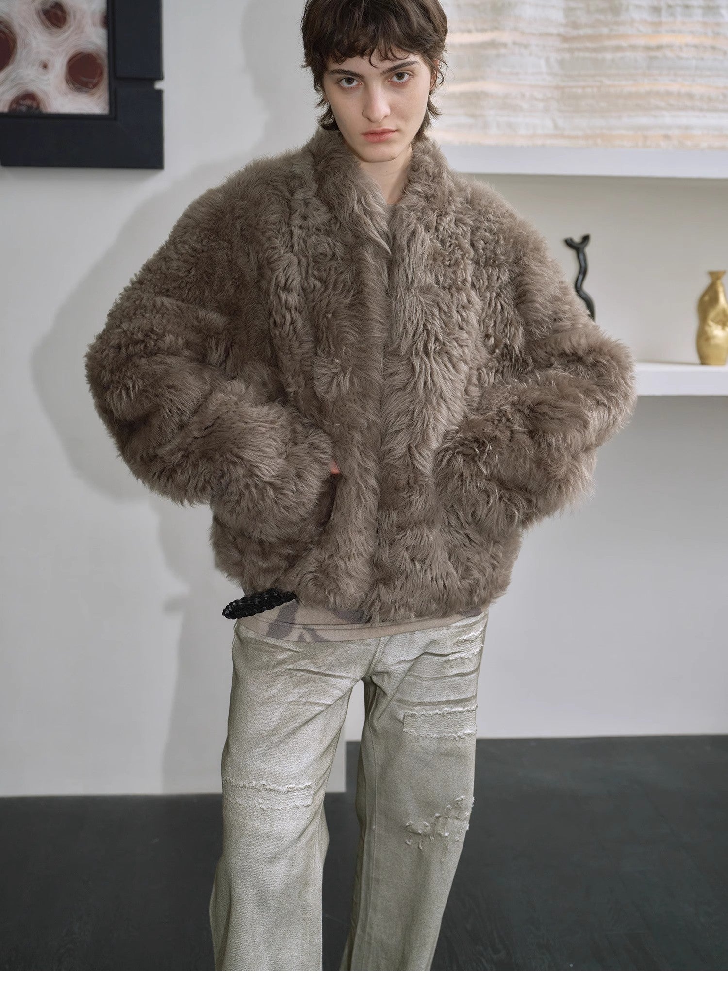 "Autumn Basel" imported Tuscan sheepskin half-roll short casual fur coat-0
