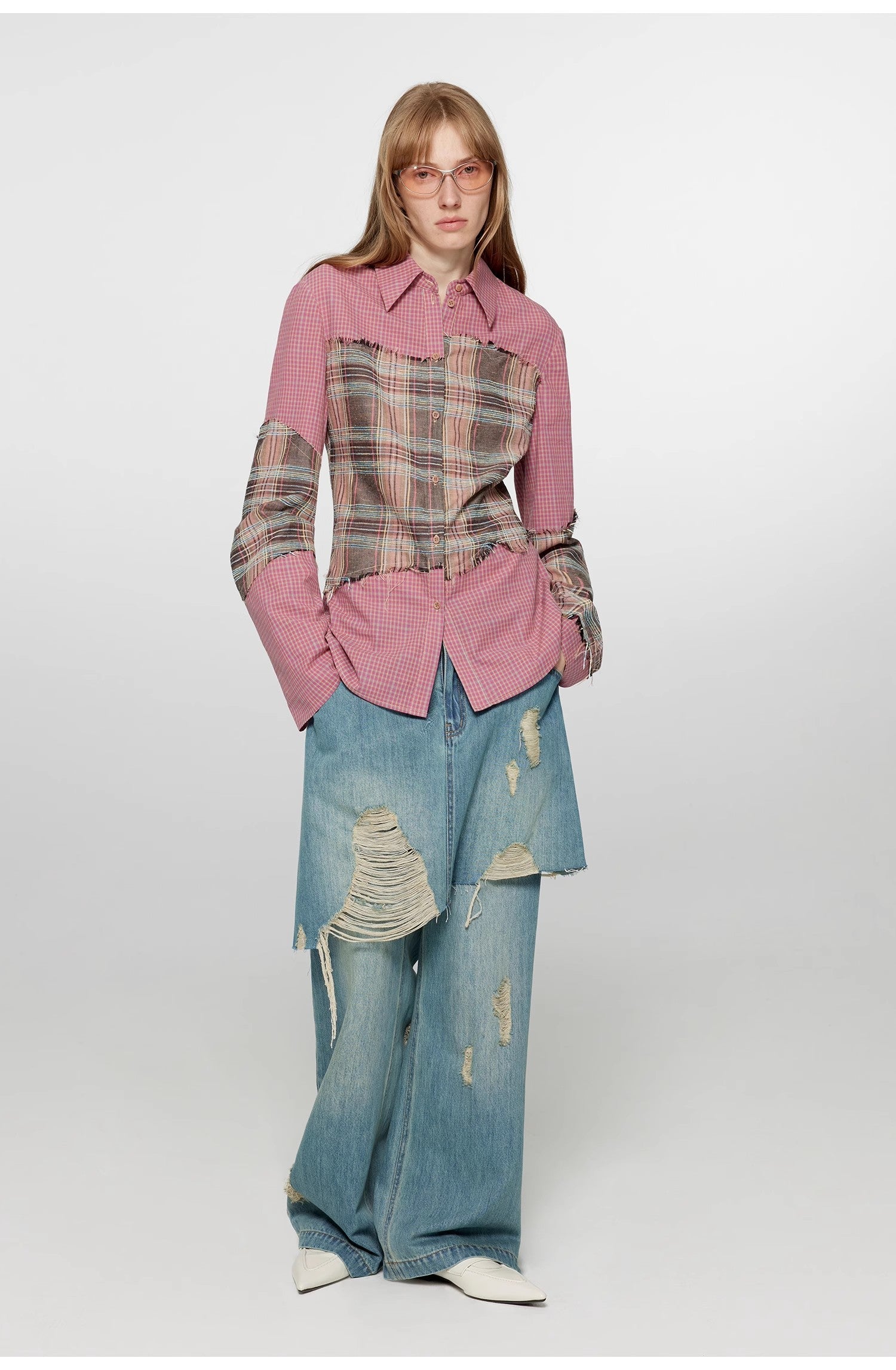 "Fashionable Sniper" Tencel blended fake two-piece stitching jeans women's ripped raw edge straight wide-leg pants-0