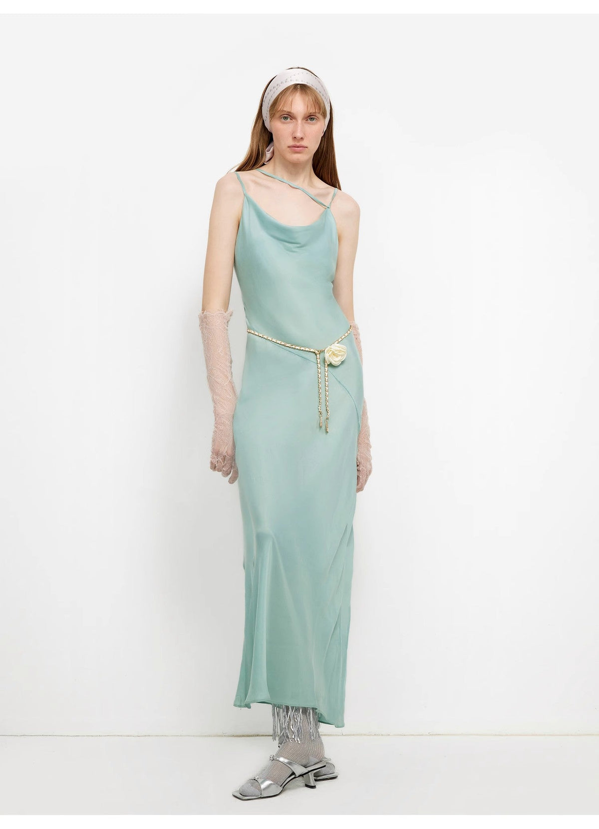 "Island Riddle" Glossy copper-ammonia silk satin light luxury swing collar slim fishtail suspender dress-1