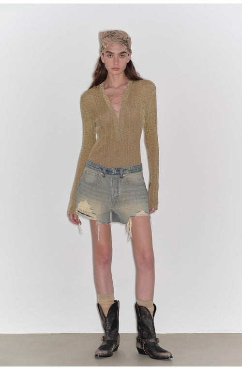 "Blue and Pink Rhythm" Retro and fashionable A-line silhouette, ripped and slim-fitting denim shorts-0