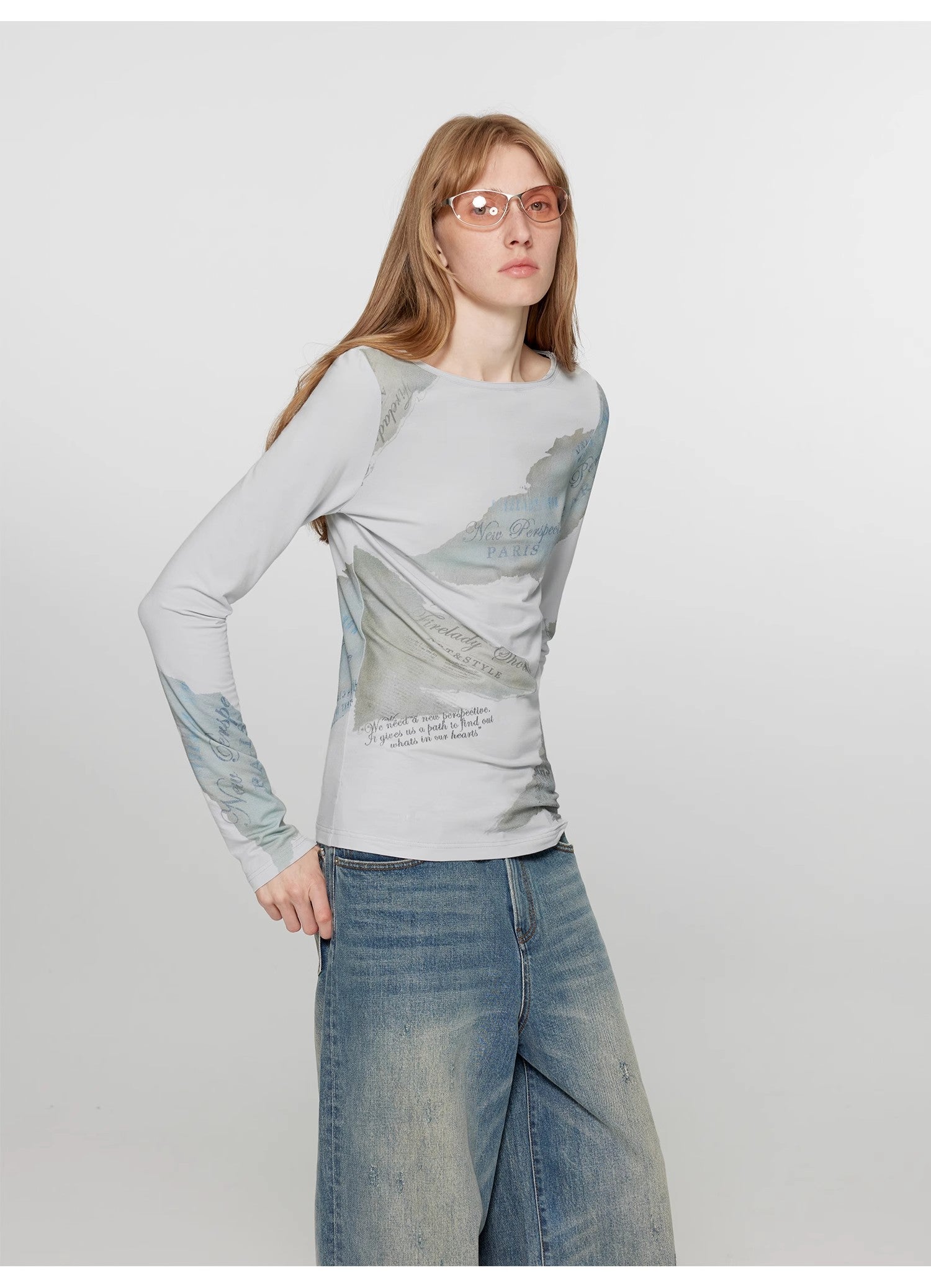 "Letter from Morning and Evening" Silk Cotton Blended/Original Printed One-line Collar Long Sleeve T-Shirt Women's Fitted Top Spring-4