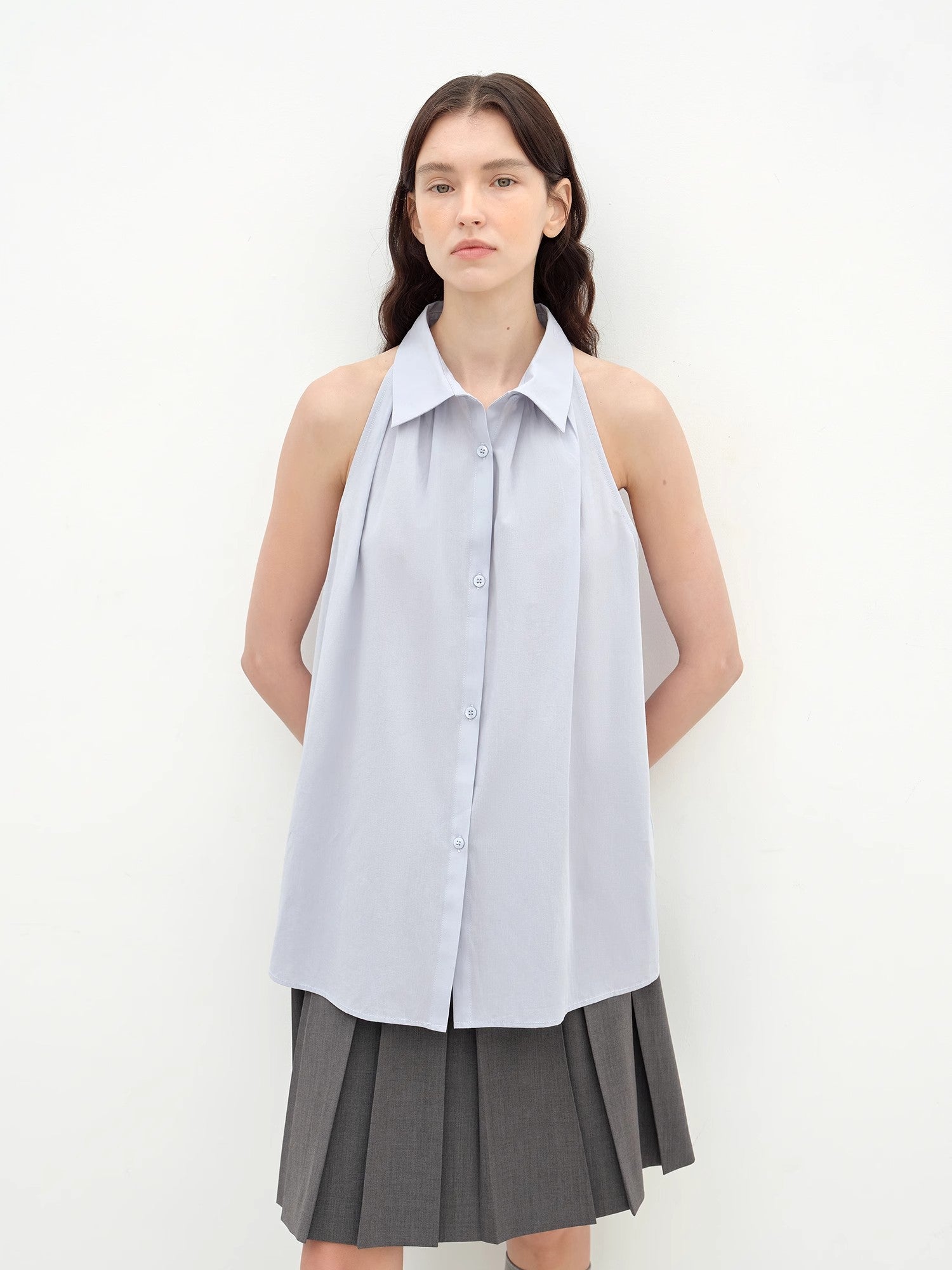 "Poland Island" imported pure cotton stand-up collar sleeveless striped shirt temperament top for women-4