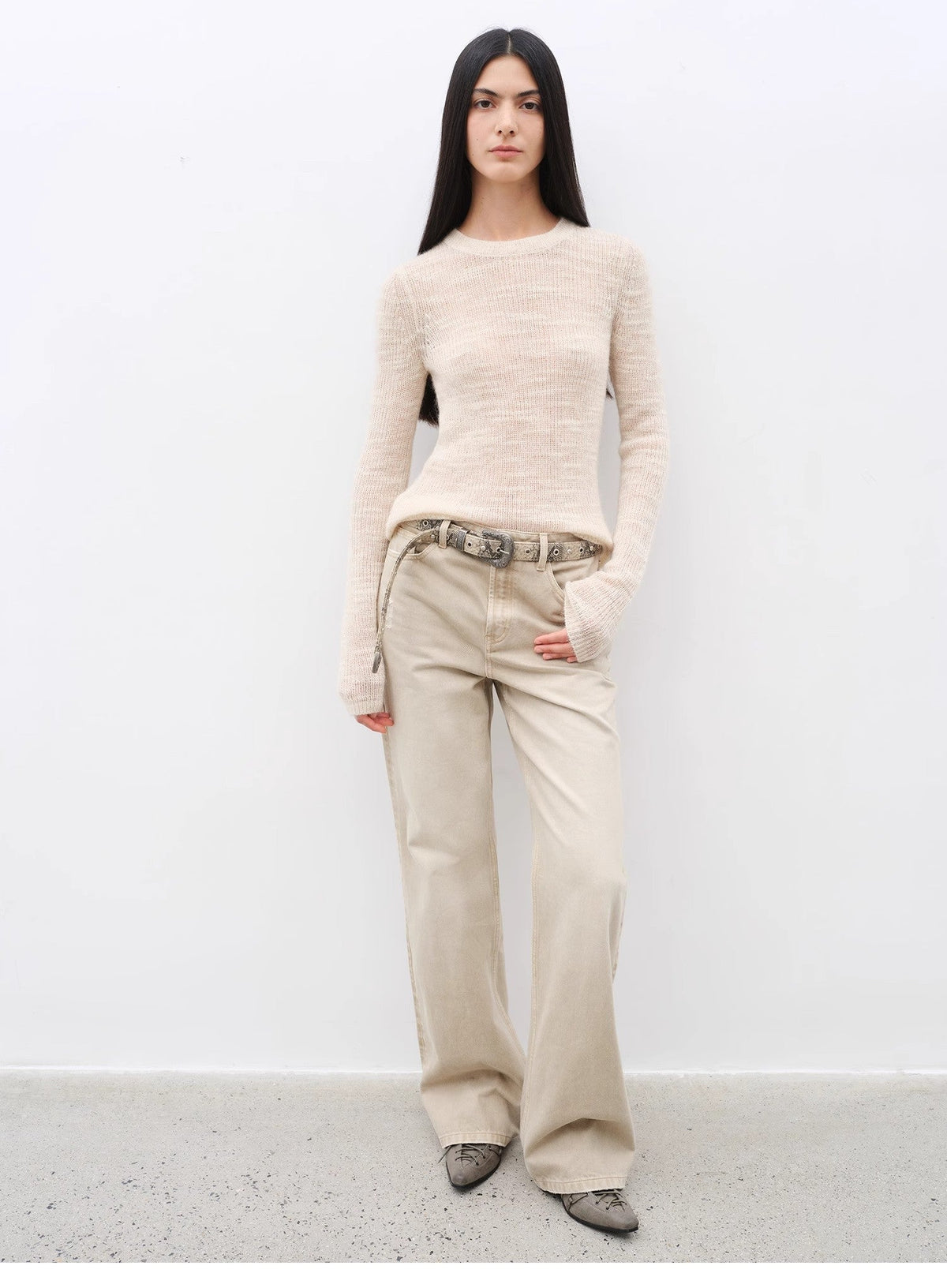 "Flare Mark" Retro all-season slim-fit versatile floor-length washed flared jeans-0