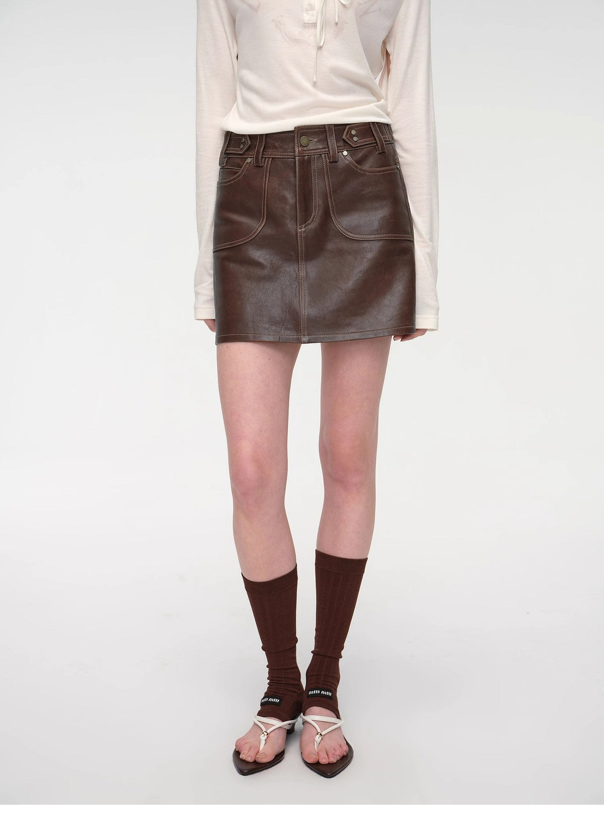 "Houston Street" New Zealand imported sheep leather vintage A-line short skirt-1