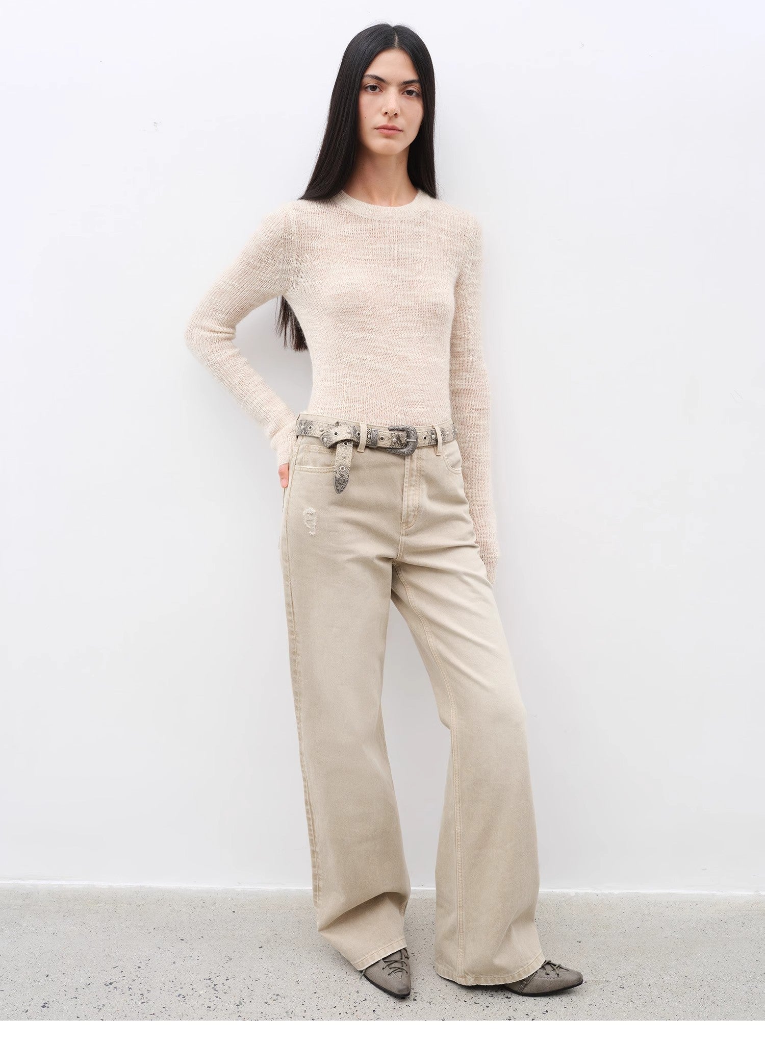 "Flare Mark" Retro all-season slim-fit versatile floor-length washed flared jeans-4