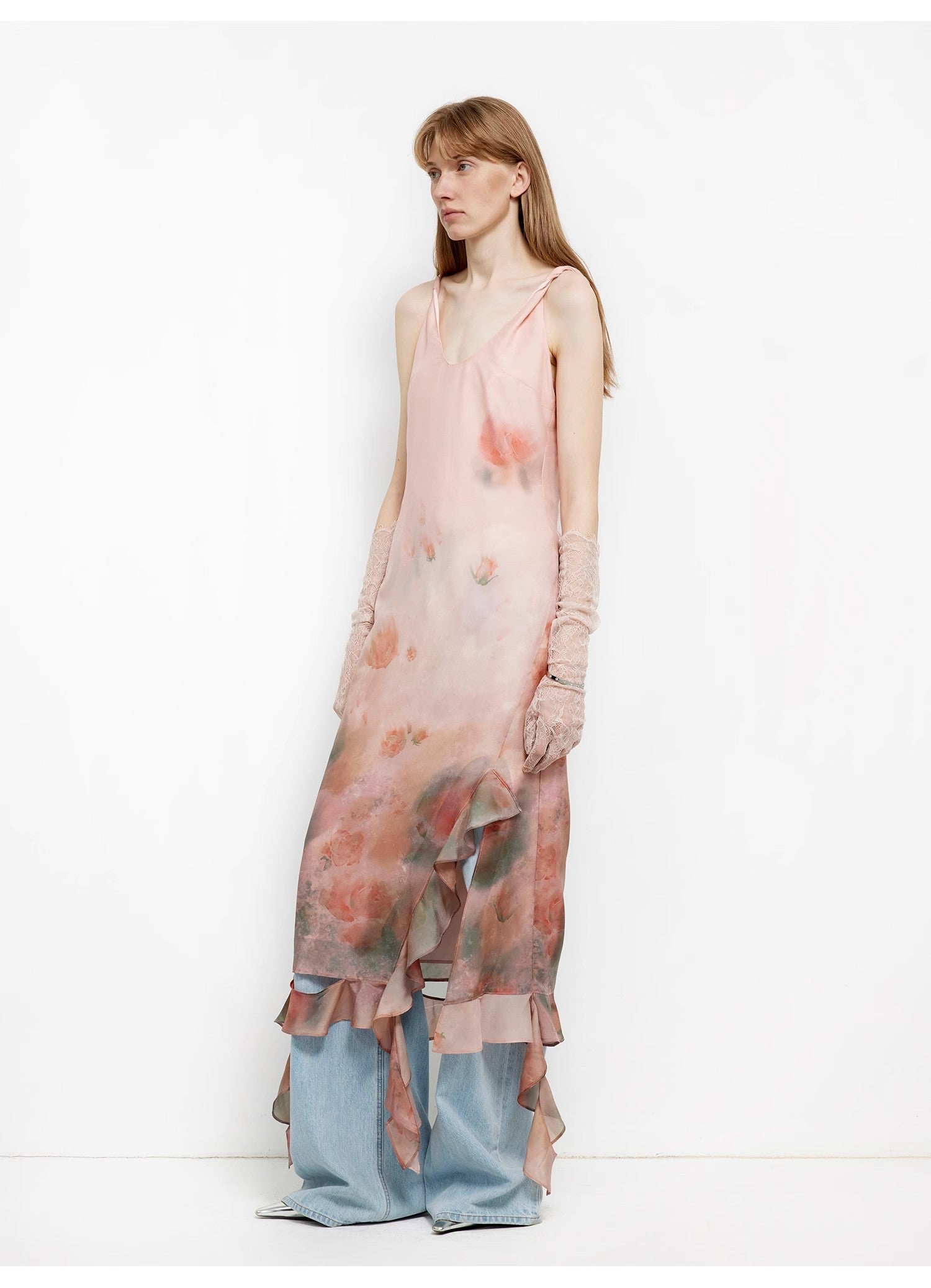 "Rosy Ombre" Acetate Mulberry Silk V-Neck Ruffled Draped Twist Strap Summer Dress-1