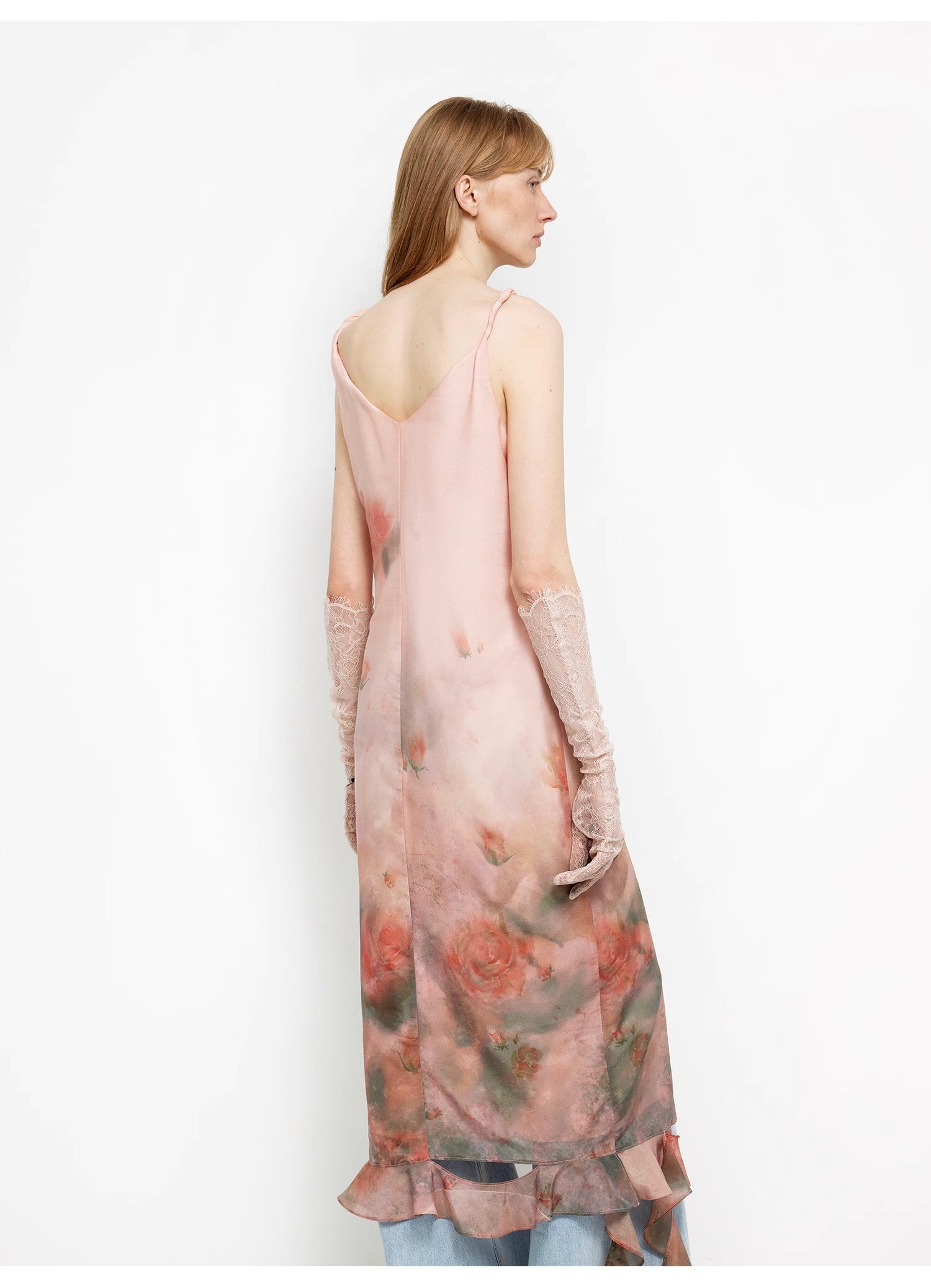 "Rosy Ombre" Acetate Mulberry Silk V-Neck Ruffled Draped Twist Strap Summer Dress-4