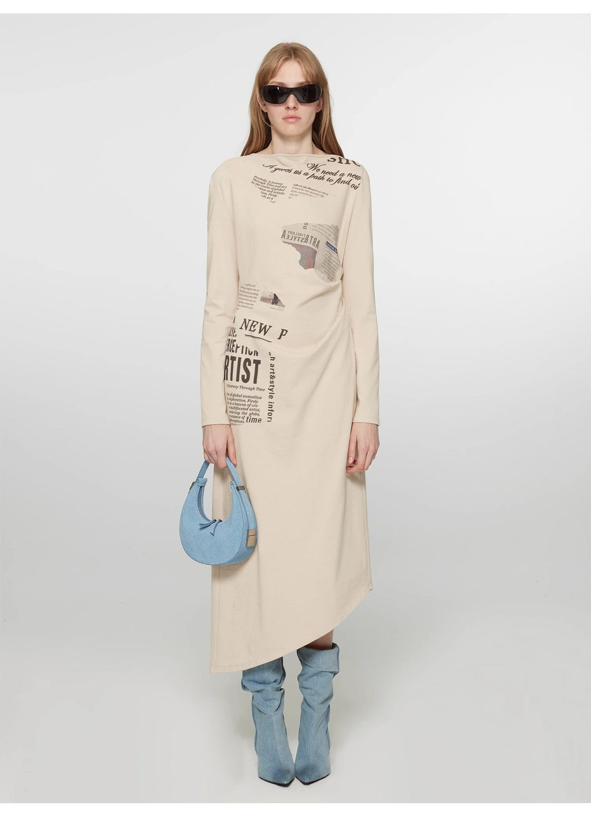 "Style in the City" Original Printed One-shoulder Bias-cut Dress Women's Pleated Waist Slimming Long Dress Spring-1