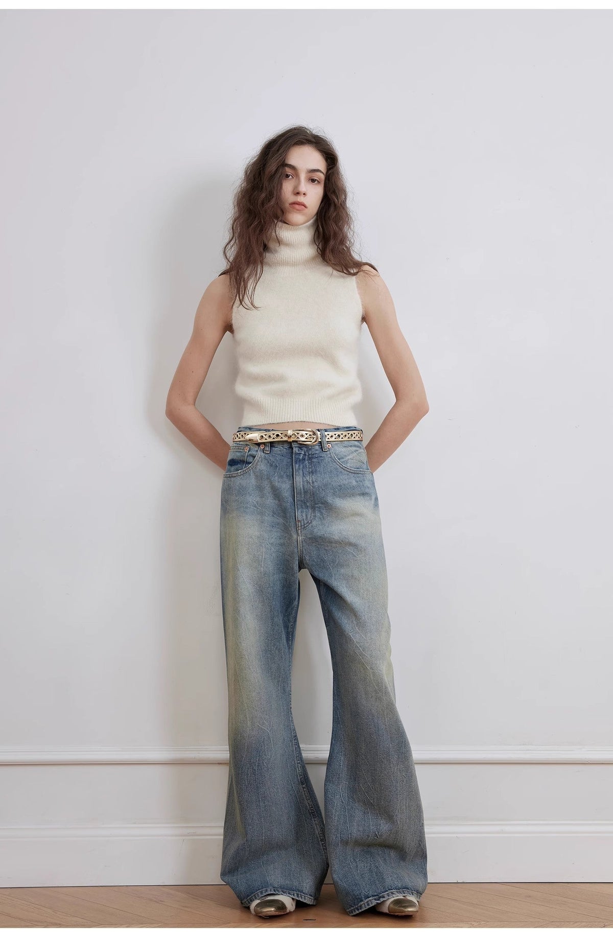 "Magic Dream" Retro Modern Washed Chicken Claw Wrinkled Jeans Women's Spacious Straight Wide Leg Pants-0