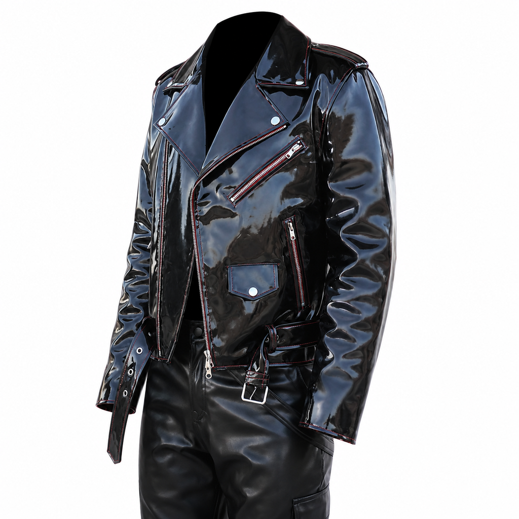 Men’s Emo Vinyl Biker Jacket with Gothic Red Stitching-3