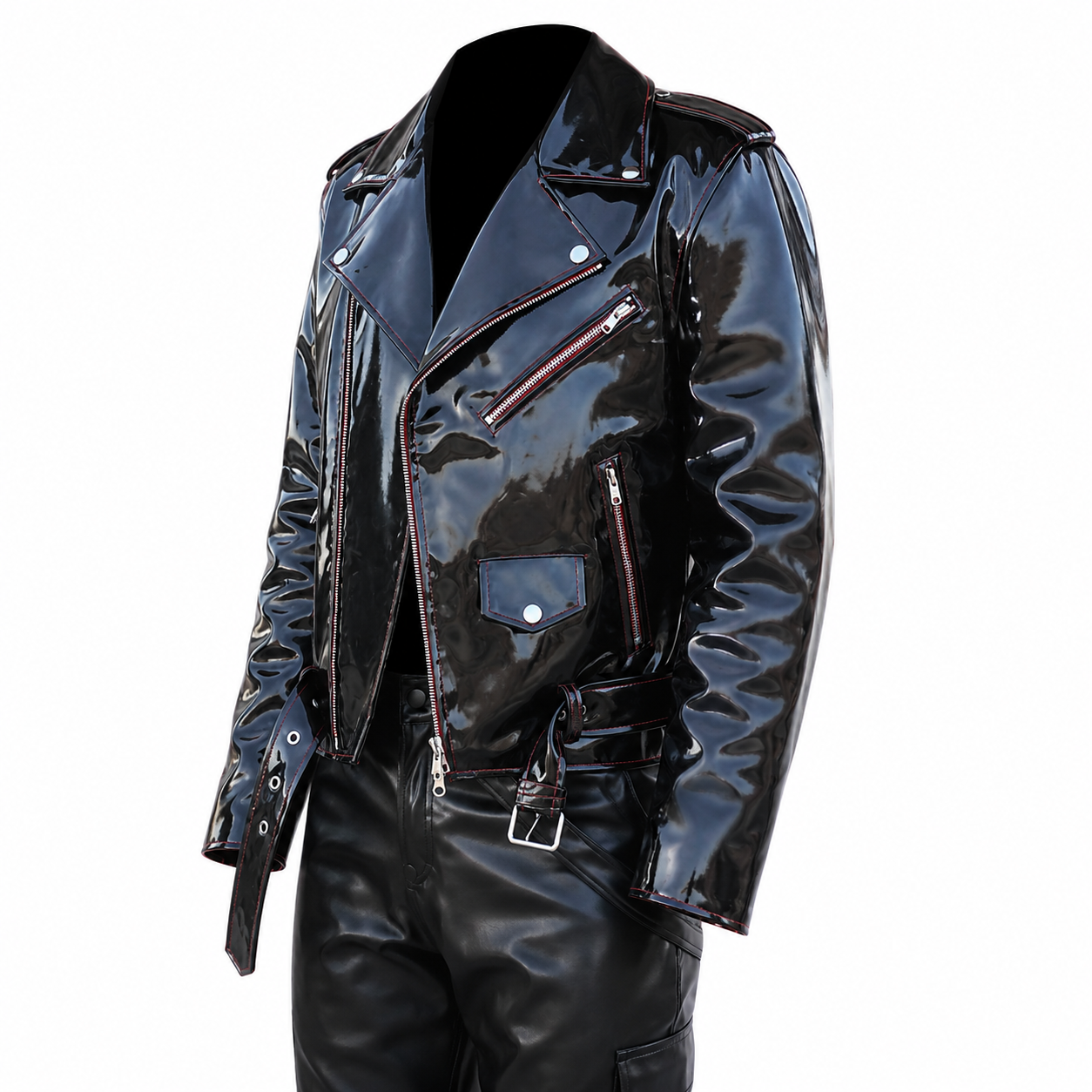 Men’s Emo Vinyl Biker Jacket with Gothic Red Stitching-3