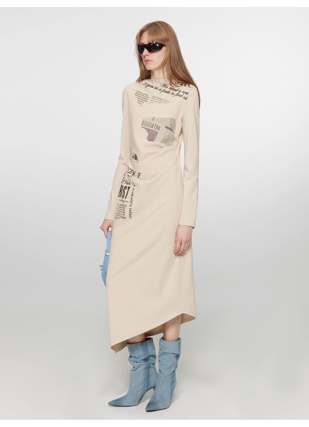 "Style in the City" Original Printed One-shoulder Bias-cut Dress Women's Pleated Waist Slimming Long Dress Spring-4