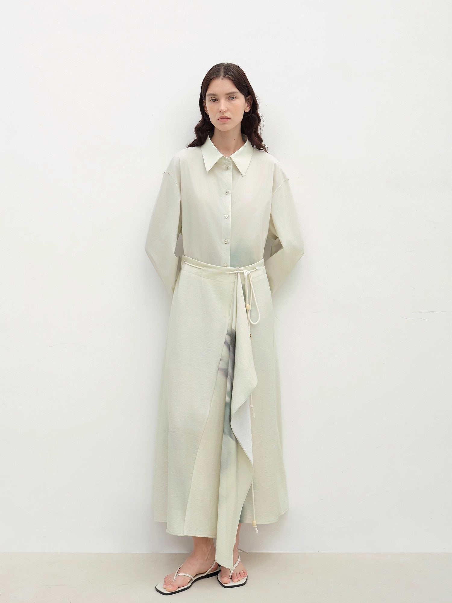 "Green Time" lapel side slit two-wear cotton printed shirt-0