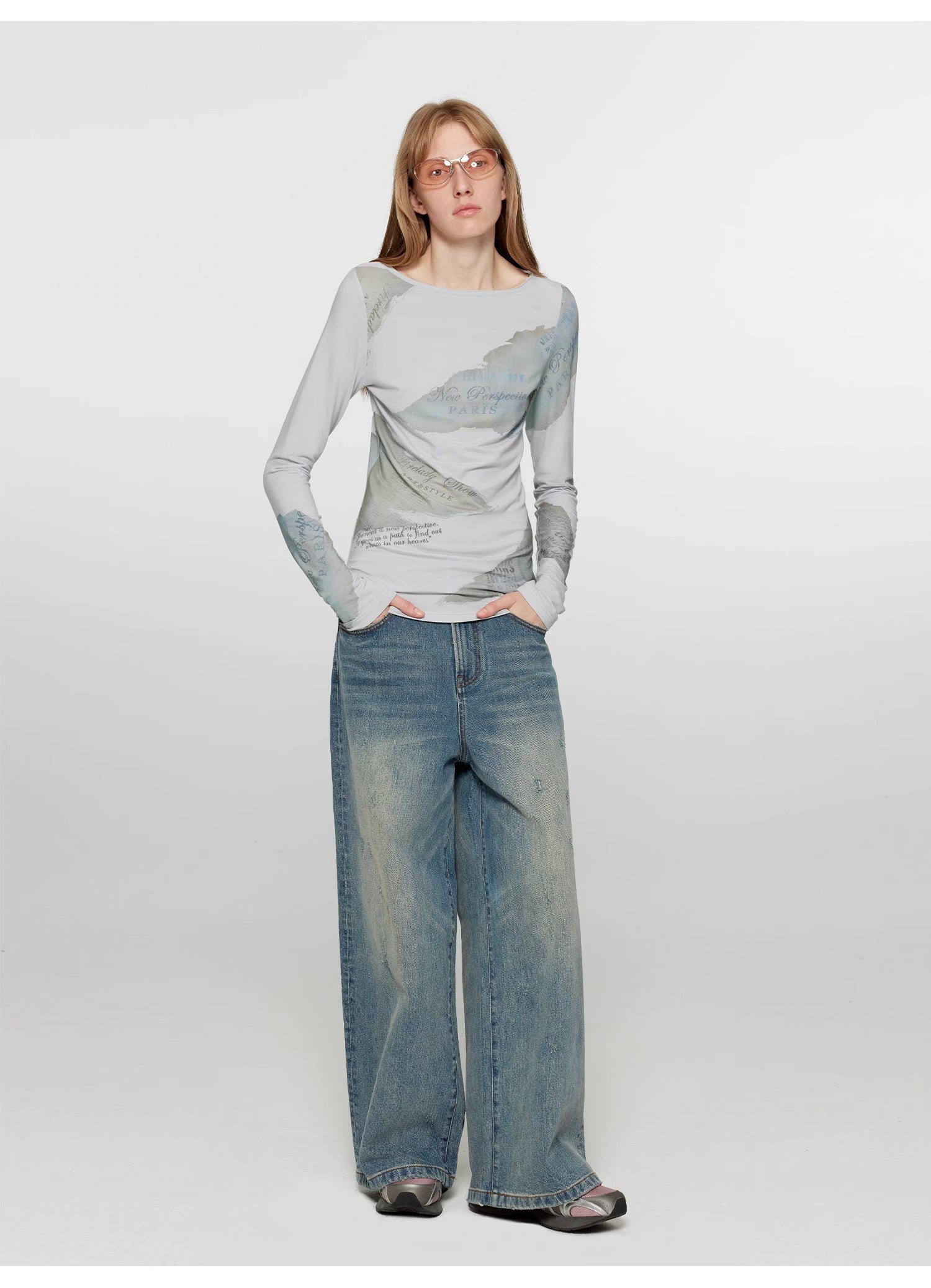 "Letter from Morning and Evening" Silk Cotton Blended/Original Printed One-line Collar Long Sleeve T-Shirt Women's Fitted Top Spring-0