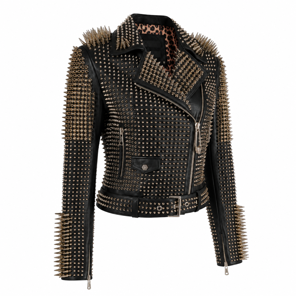 Women’s Golden Studded Leather Biker Jacket-3