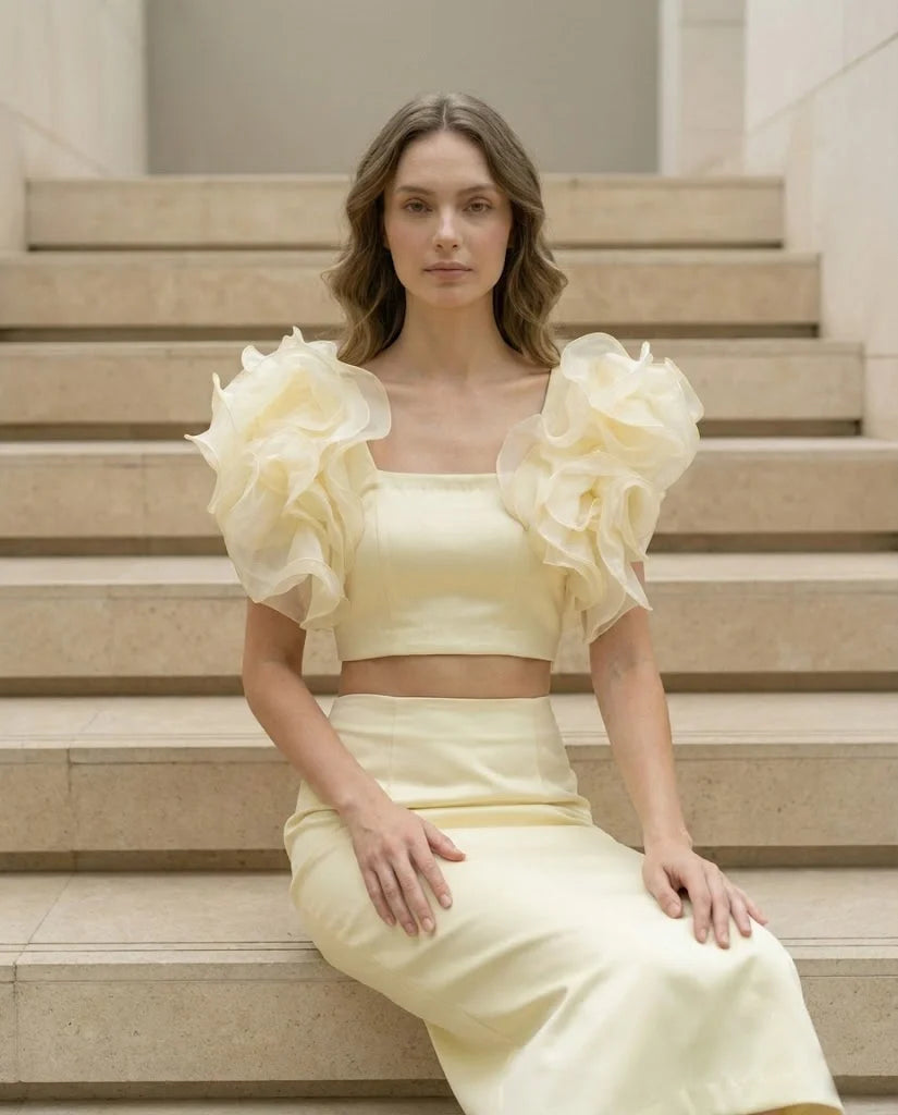 Butter Yellow Ruffle Sleeve Crop Top in Duchess Satin-0