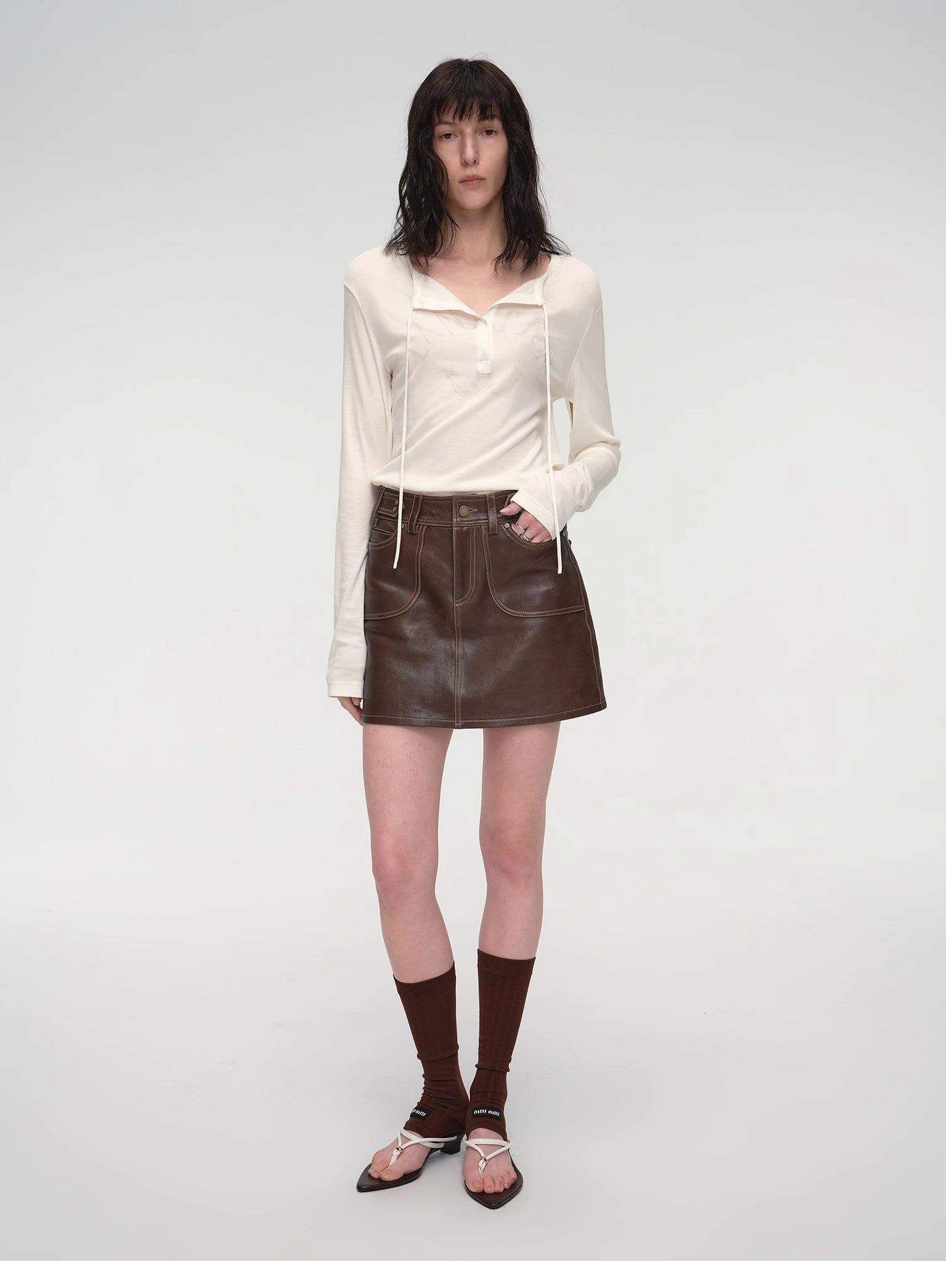 "Houston Street" New Zealand imported sheep leather vintage A-line short skirt-4