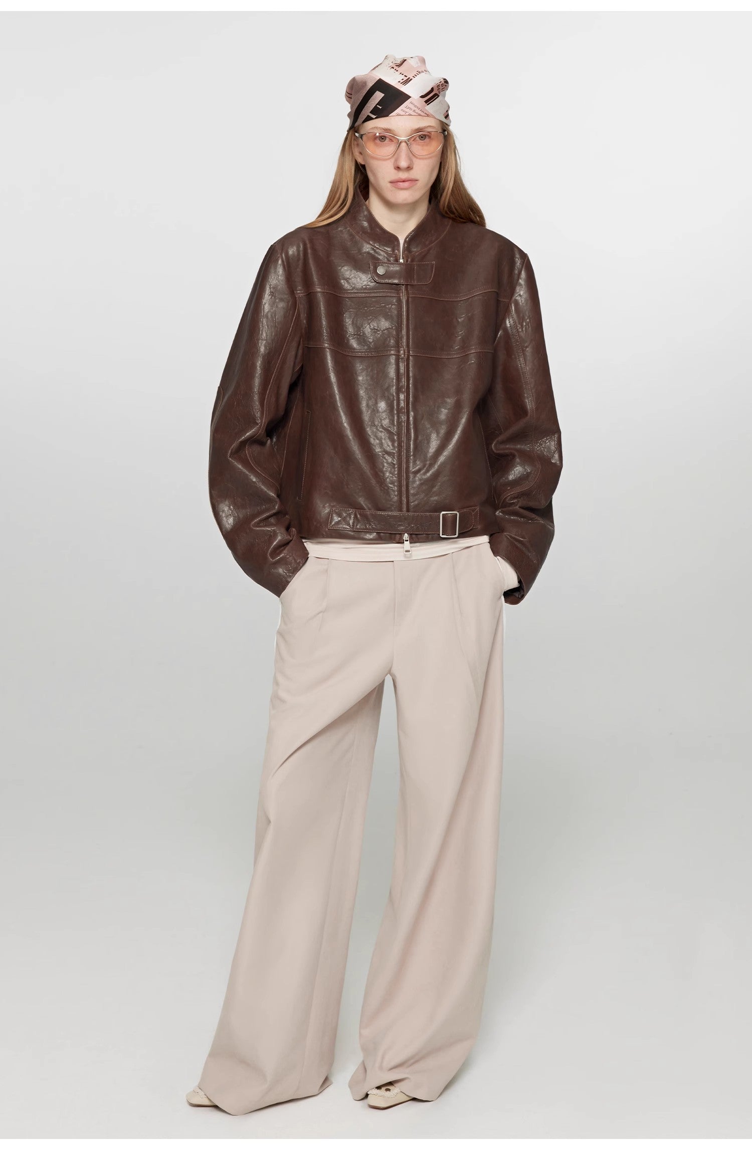Caramel Mountain Retro Leather Stand Collar Short Motorcycle Jacket-0