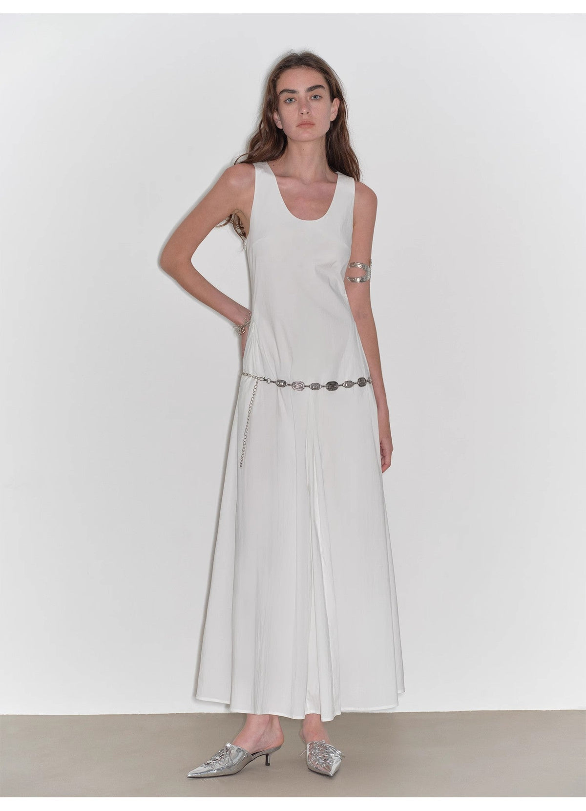 "Lake Bled" Simple and slim texture U-neck A-line slim fit vest dress-0