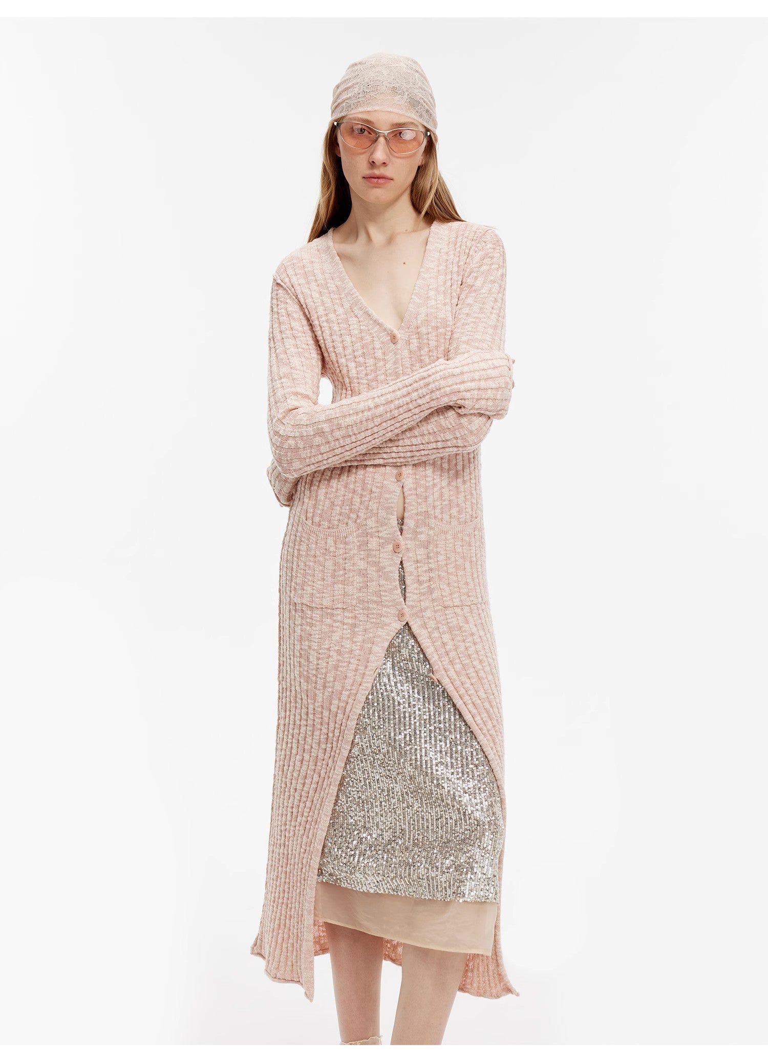 "Soft Spring Formula" Luxury brand same version cotton and linen fancy yarn knitted V-neck curling design straight long cardigan-4