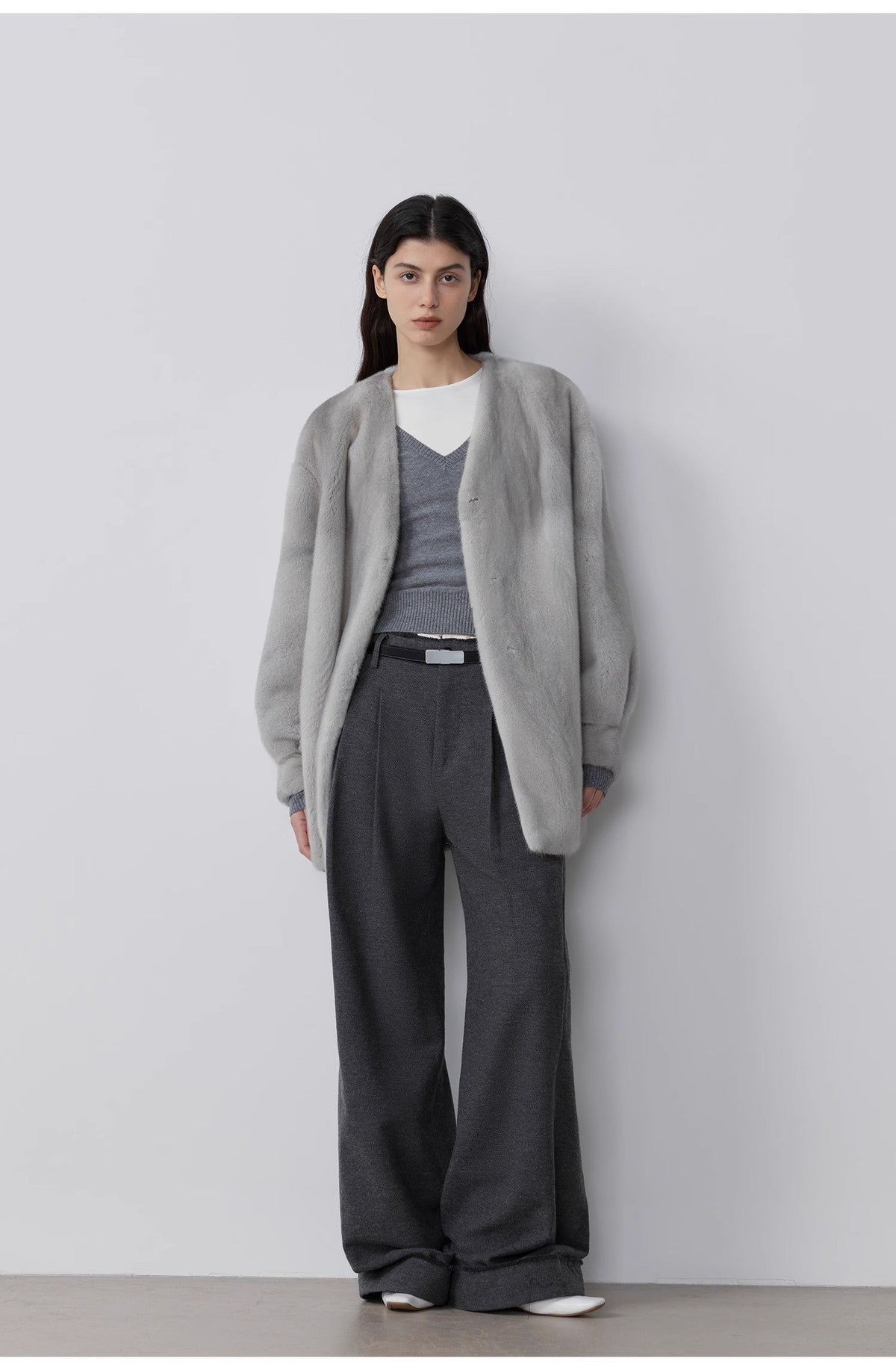 "Commuting Rules" Worsted Wool Blend Waistless Raw Edge Wide Leg Pants Slimming Scimitar Casual Pants-0
