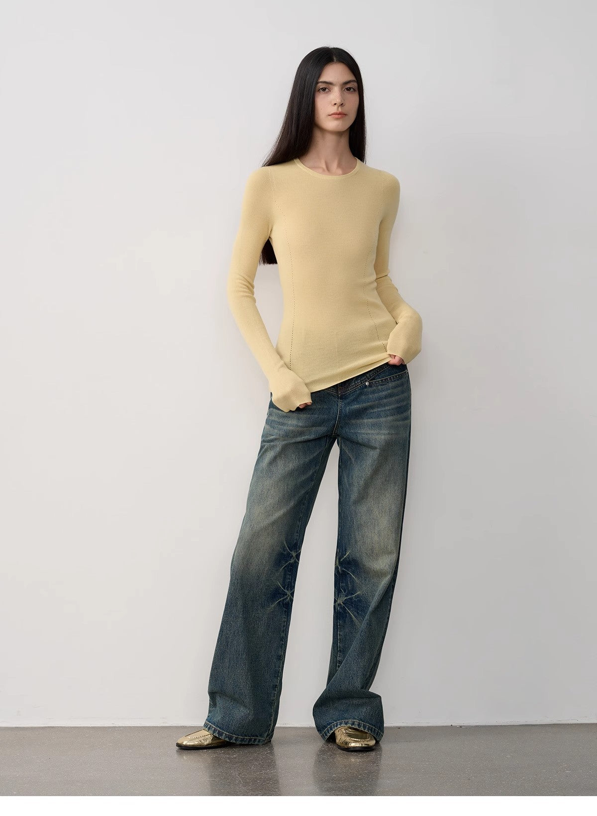 Vintage Heavy Wash Distressed Marble Pattern V-Shaped Segmented Slimming Textured Straight-Leg Denim Trousers-0
