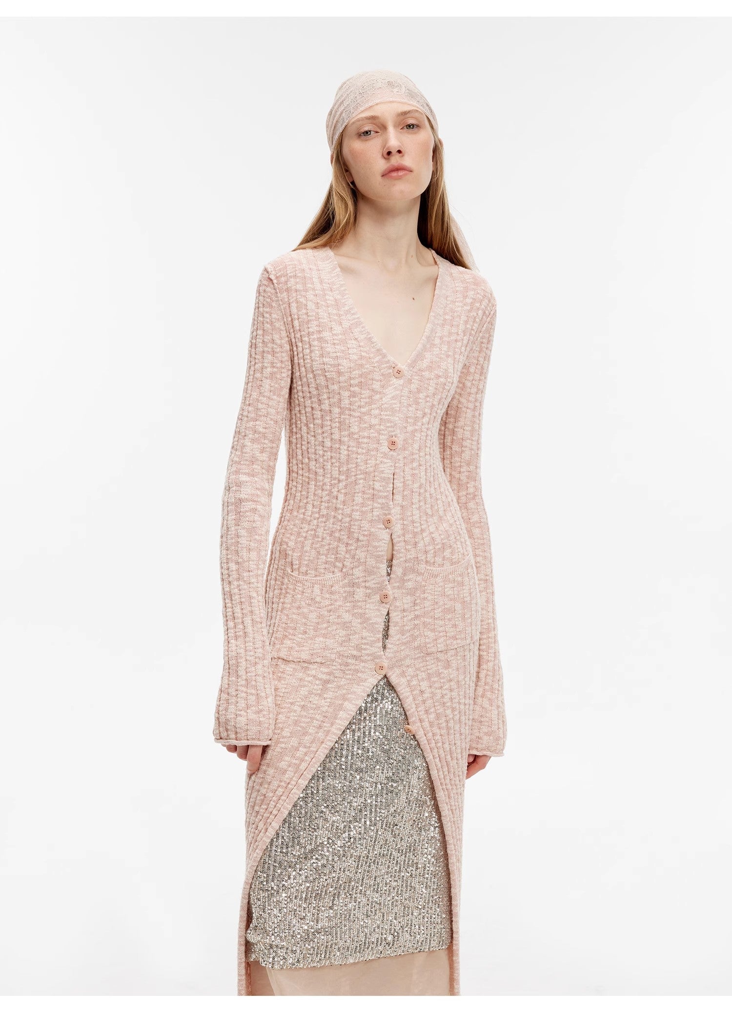 "Soft Spring Formula" Luxury brand same version cotton and linen fancy yarn knitted V-neck curling design straight long cardigan-1