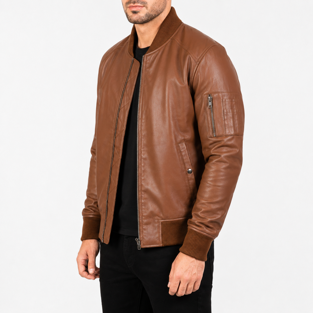 Men’s Brown Leather Bomber Biker Jacket-1