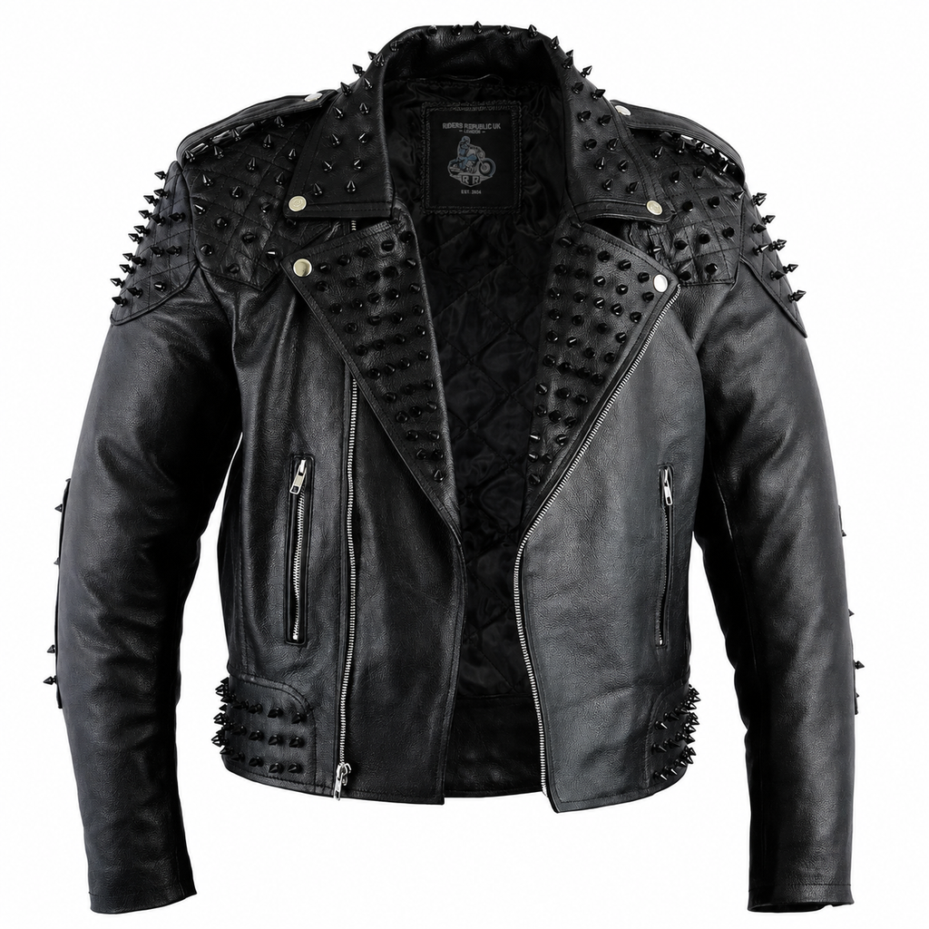 Men’s Black Studded Leather Biker Jacket-0