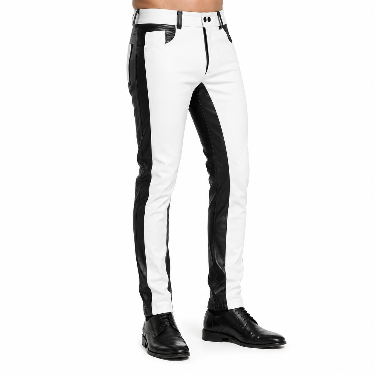Men’s Black & White Leather Biker Pants-0