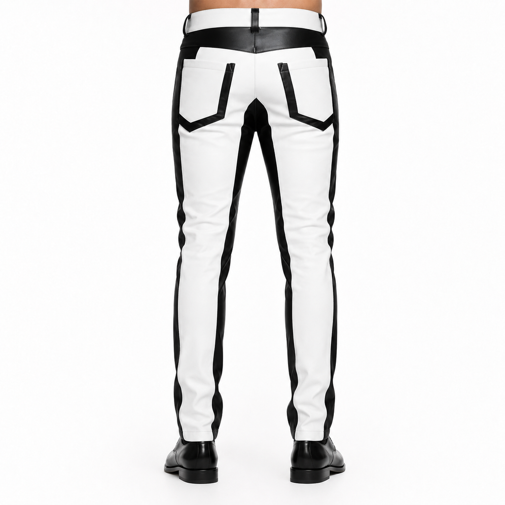 Men’s Black & White Leather Biker Pants-2