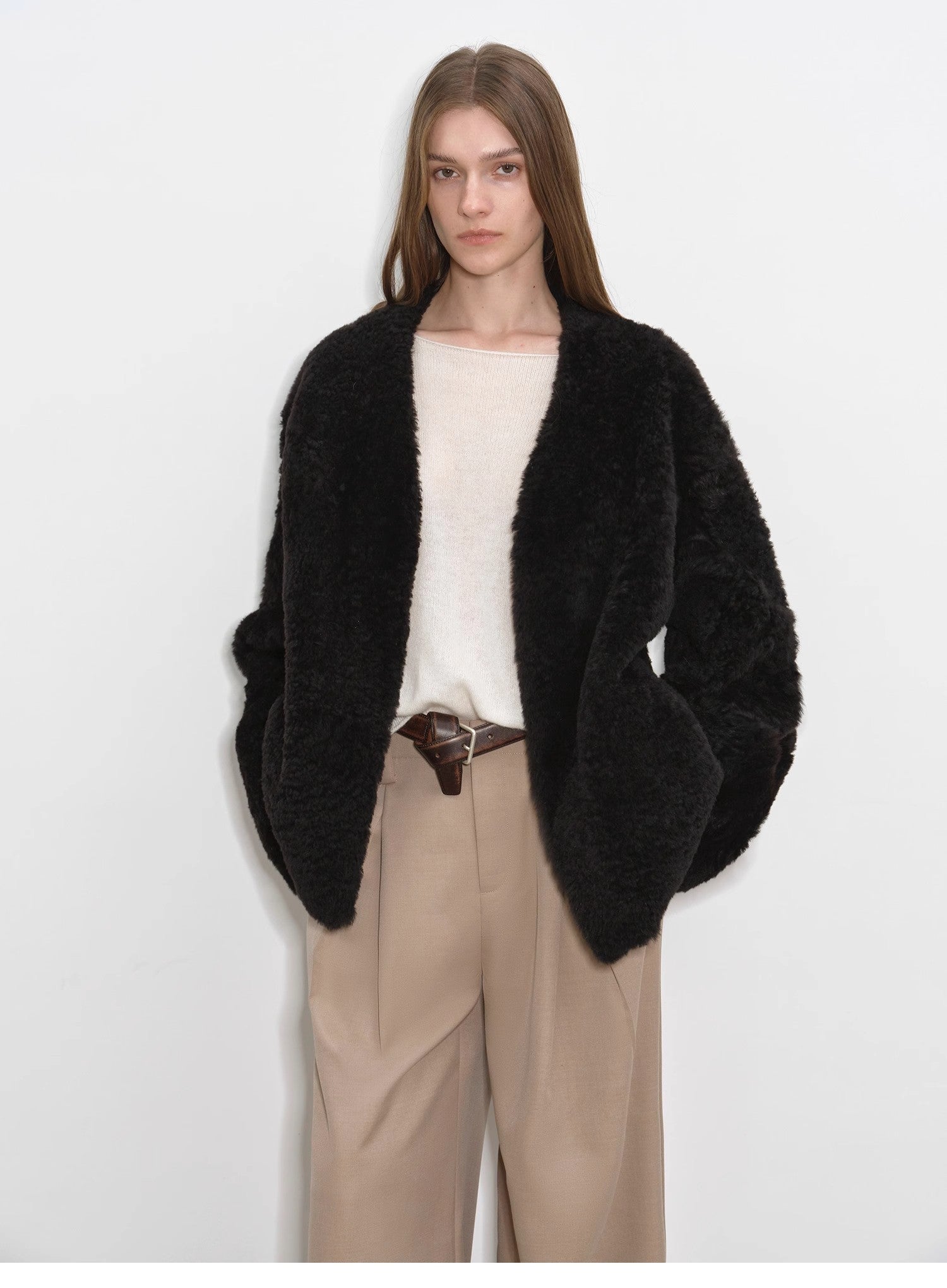 "Paris Night" luxury lightweight v-neck mid-length imported ragone sheepskin fur coat-4