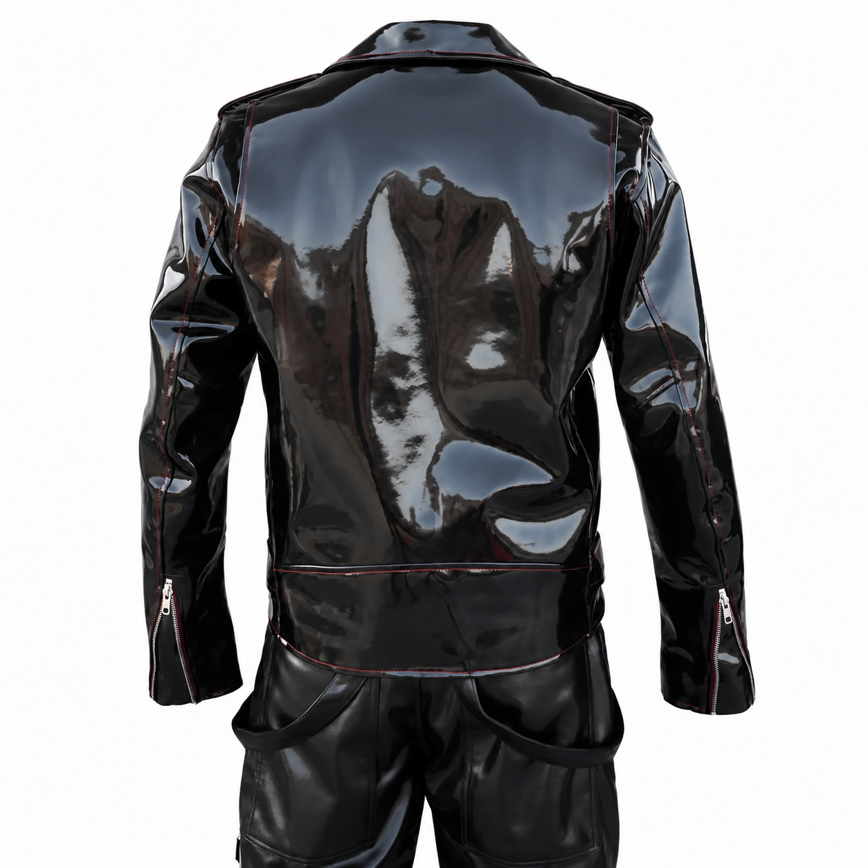 Men’s Emo Vinyl Biker Jacket with Gothic Red Stitching-1