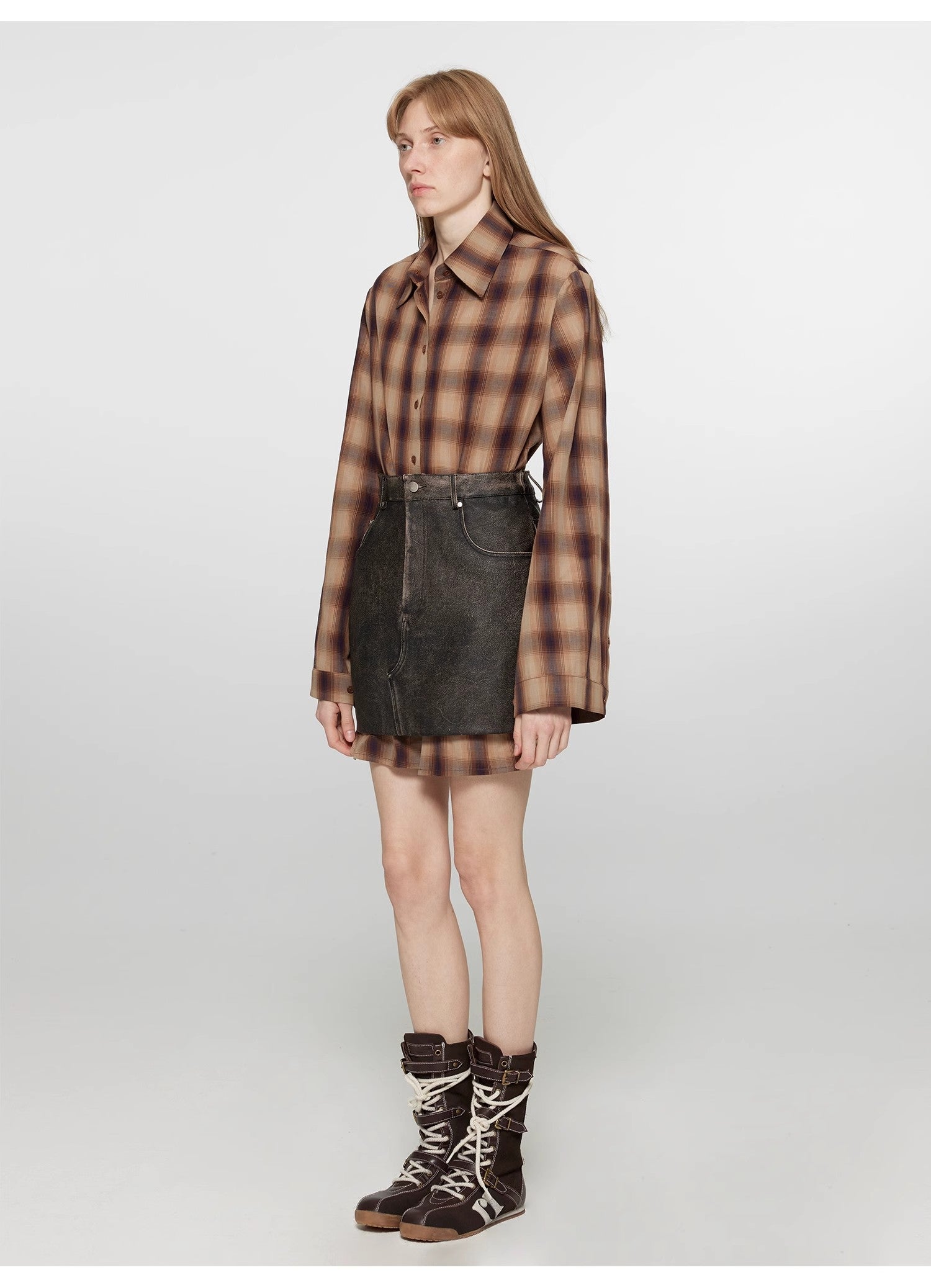 "Tea Grid" high-quality high-count cotton loose retro plaid shirt-1