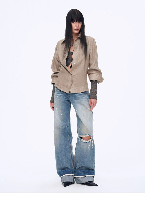 "Berlin Afternoon Tea" Refreshing breathable twill linen deconstructed silhouette old money style waist shirt top-1