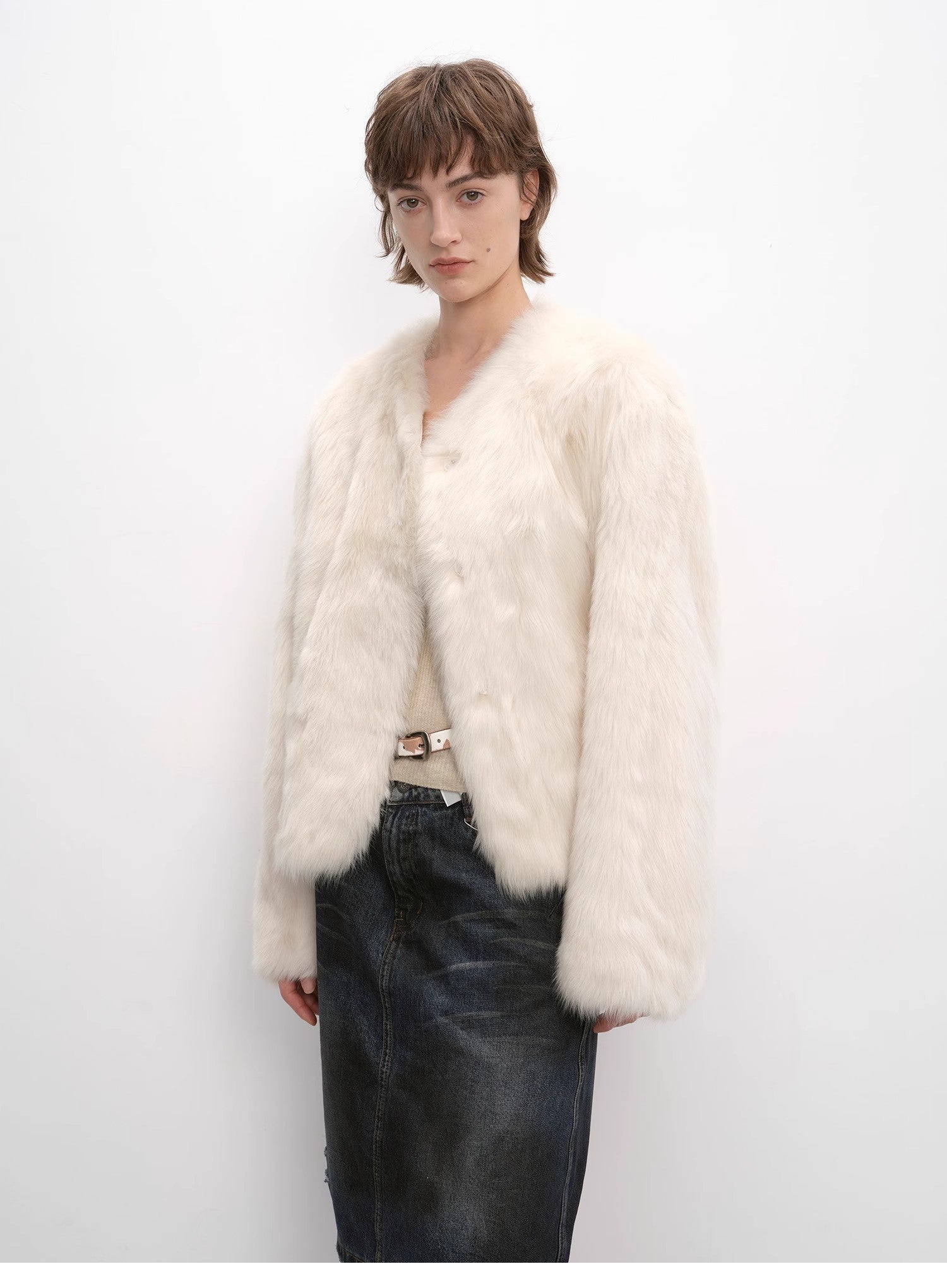 "Darcy Manor" imported Tuscan straight wool sheepskin sweetheart collar short fur coat-4