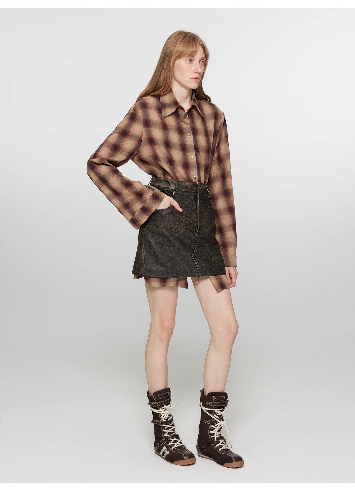 "Tea Grid" high-quality high-count cotton loose retro plaid shirt-4