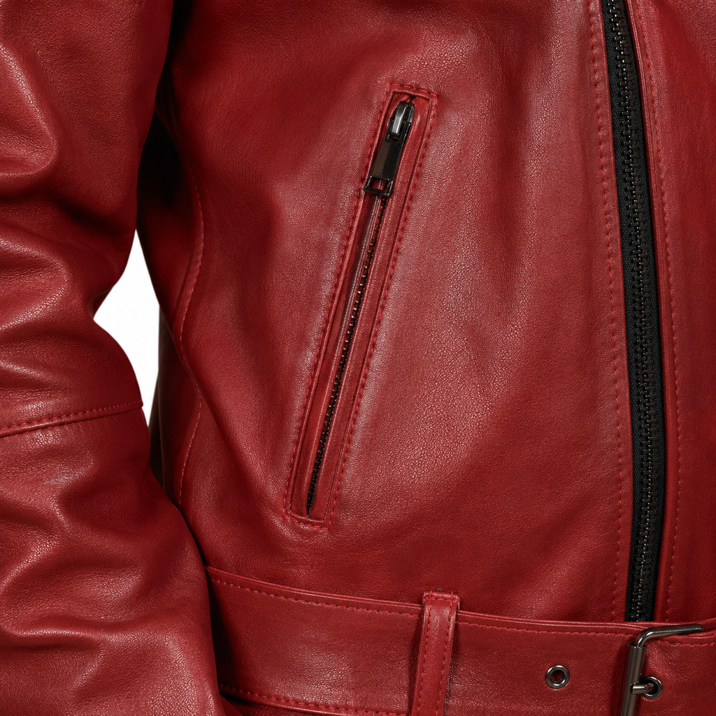 Men’s Slim Fit Glossy Red USA Biker Leather Jacket-4