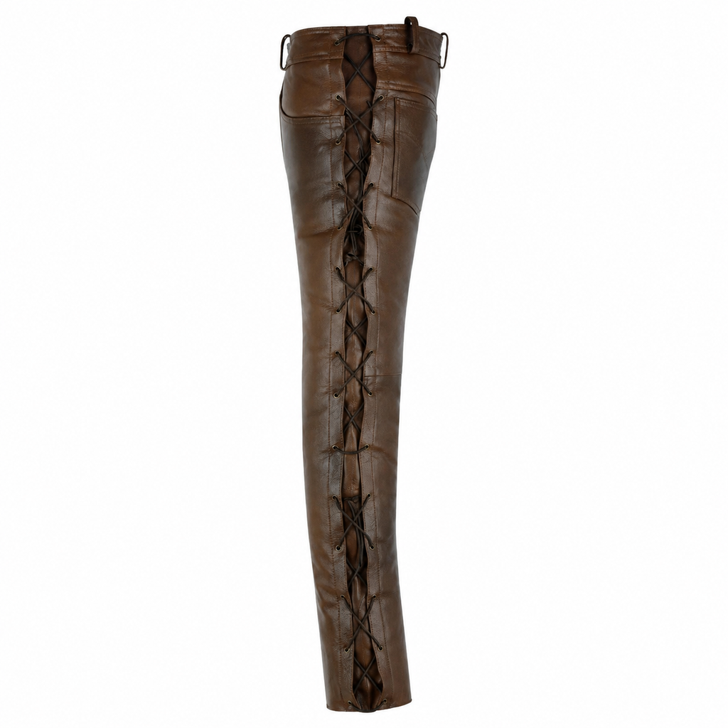 Men’s Brown Leather Pants with Side Laces-3