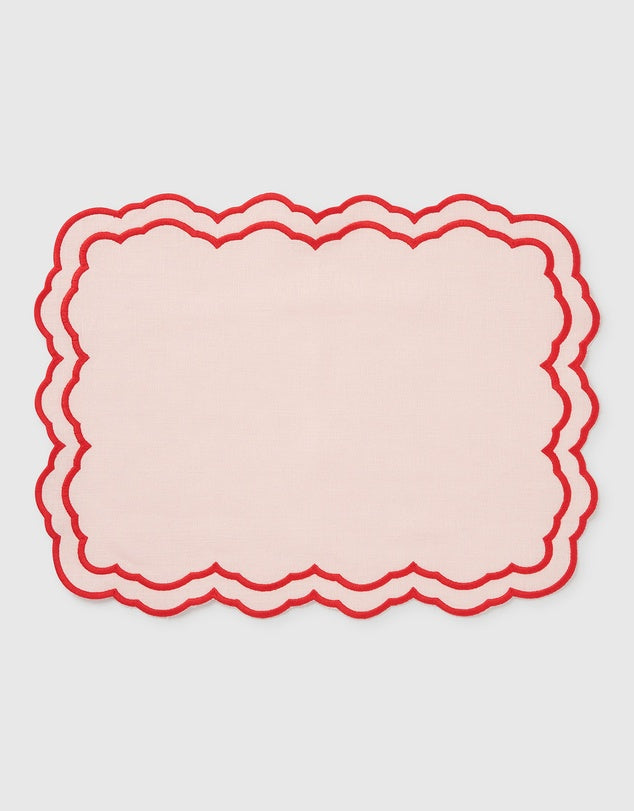 Linen Table Placemat and Napkins Set with Embroidered Scalloped Edges-1