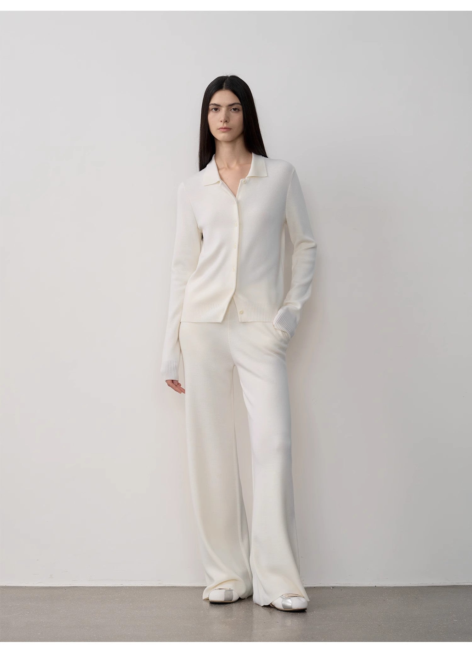 "Lazy urban" Yangtze Merino wool polo-neck cardigan straight-leg knitted pants suit-5