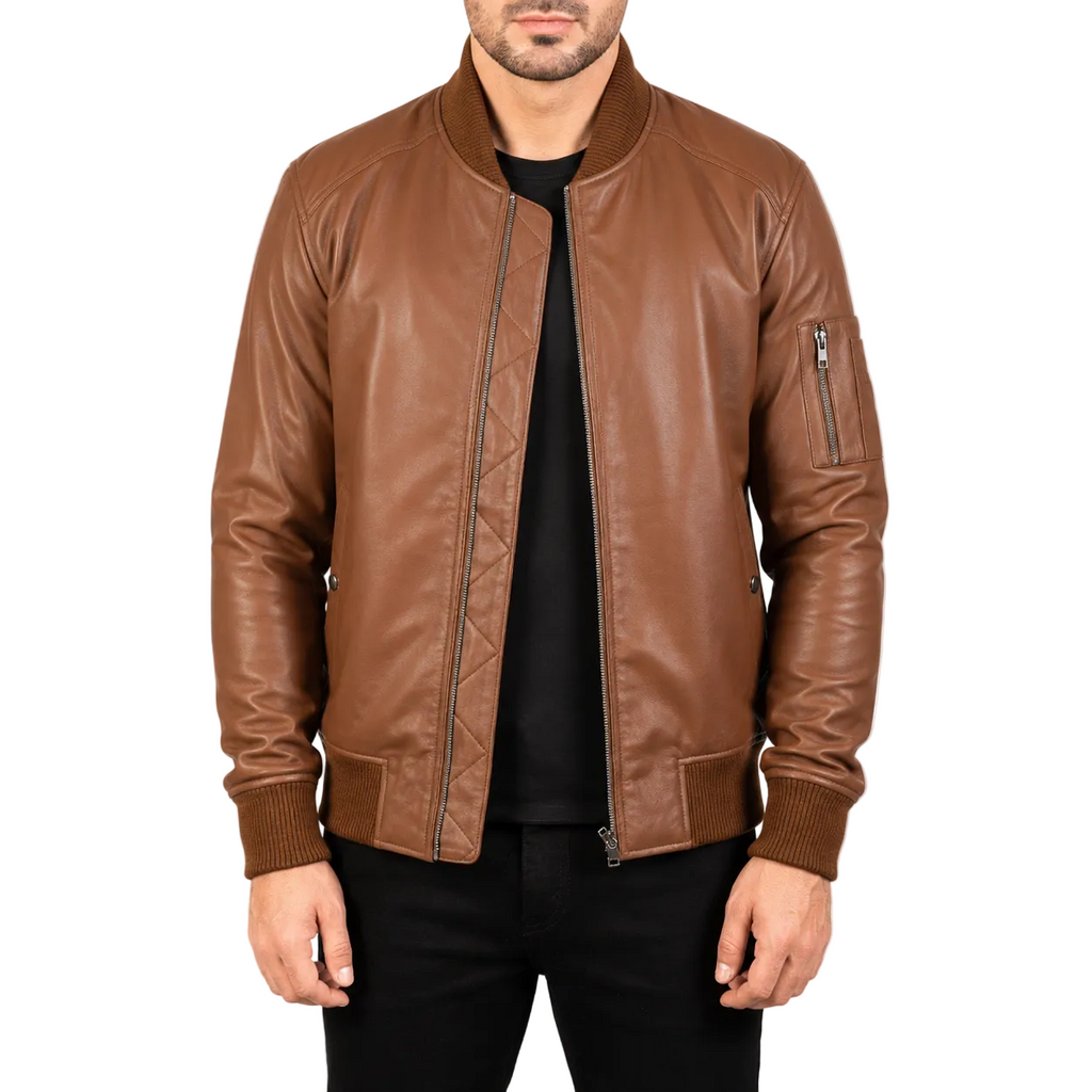 Men’s Brown Leather Bomber Biker Jacket-0