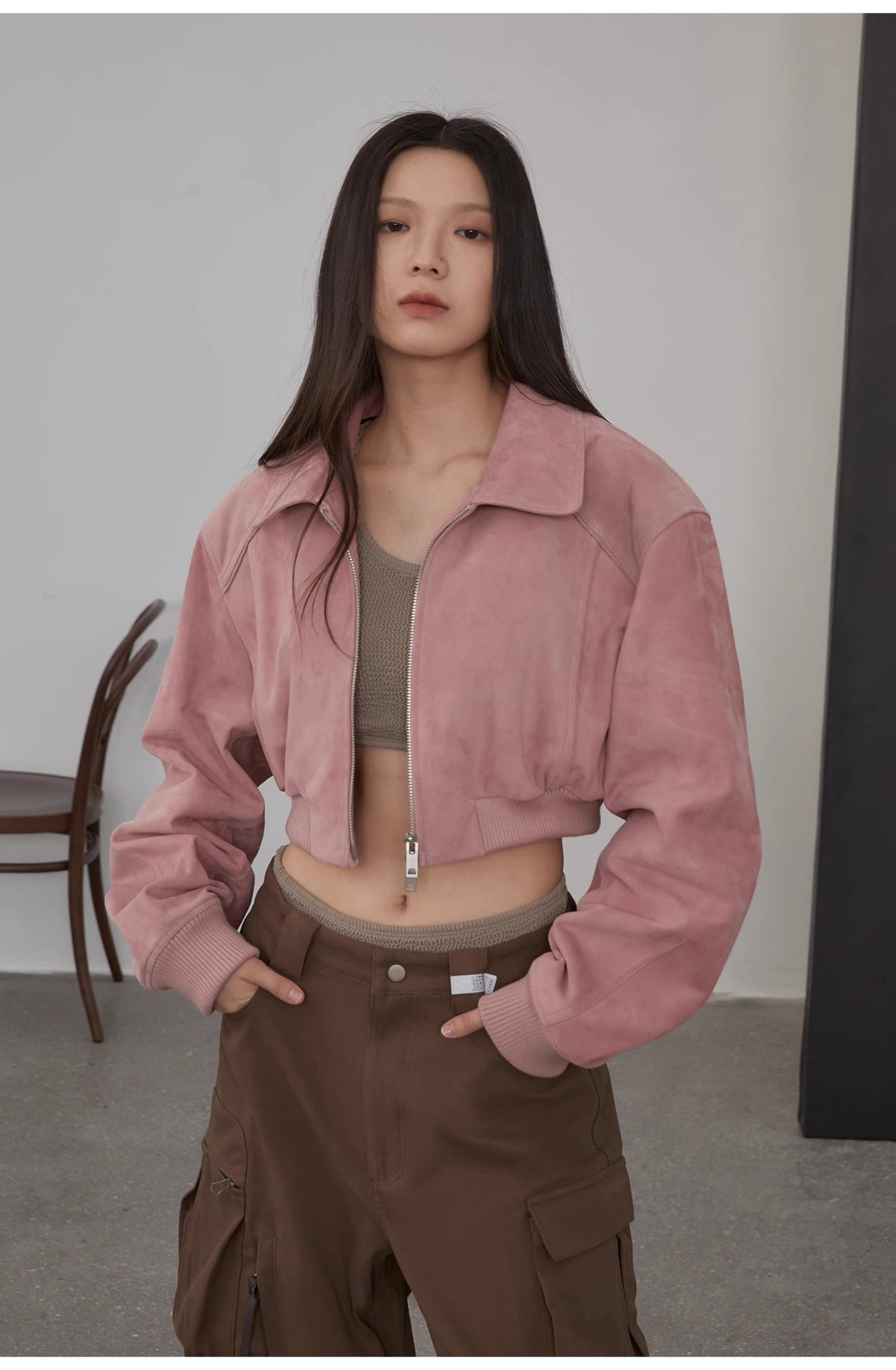 "Witch Game" Retro  Classic Stand Up Sheep Leather Short Jacket-4
