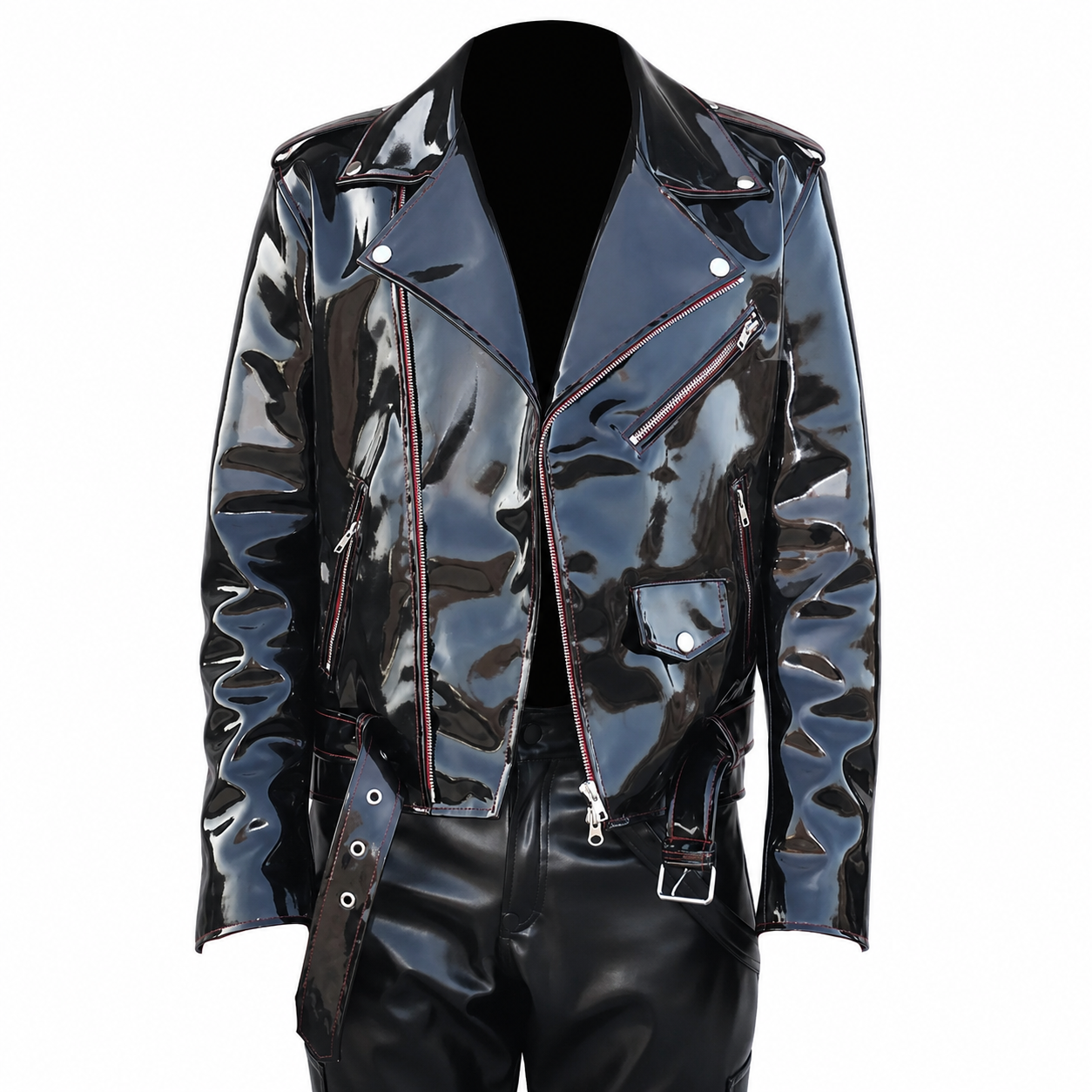 Men’s Emo Vinyl Biker Jacket with Gothic Red Stitching-0
